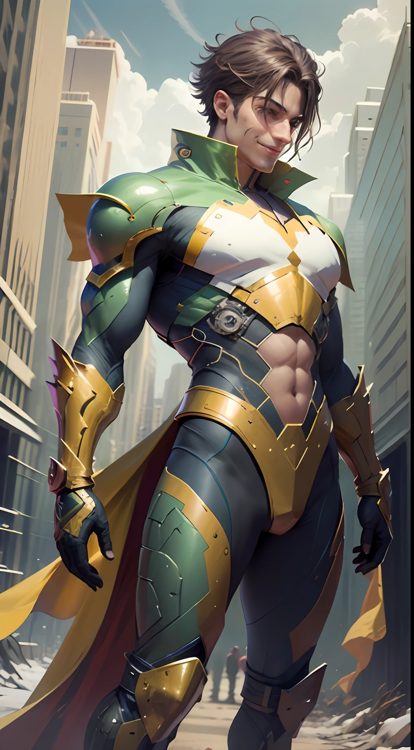 Develop the image of a hero in a green and gold suit. The hero must have a noble and powerful appearance, with pronounced character traits, ((((The hero smiles)))) . A green and gold costume should be modern and futuristic, with technological elements and details, that make it unique. The hero must be in a heroic pose, As if he is ready to take on any challenge, Who will meet on his way. The background scene can be a cityscape or an imaginary landscape, corresponding to the heroic aura of the character. Feel free to add creative and interesting details, to make the hero even more exciting