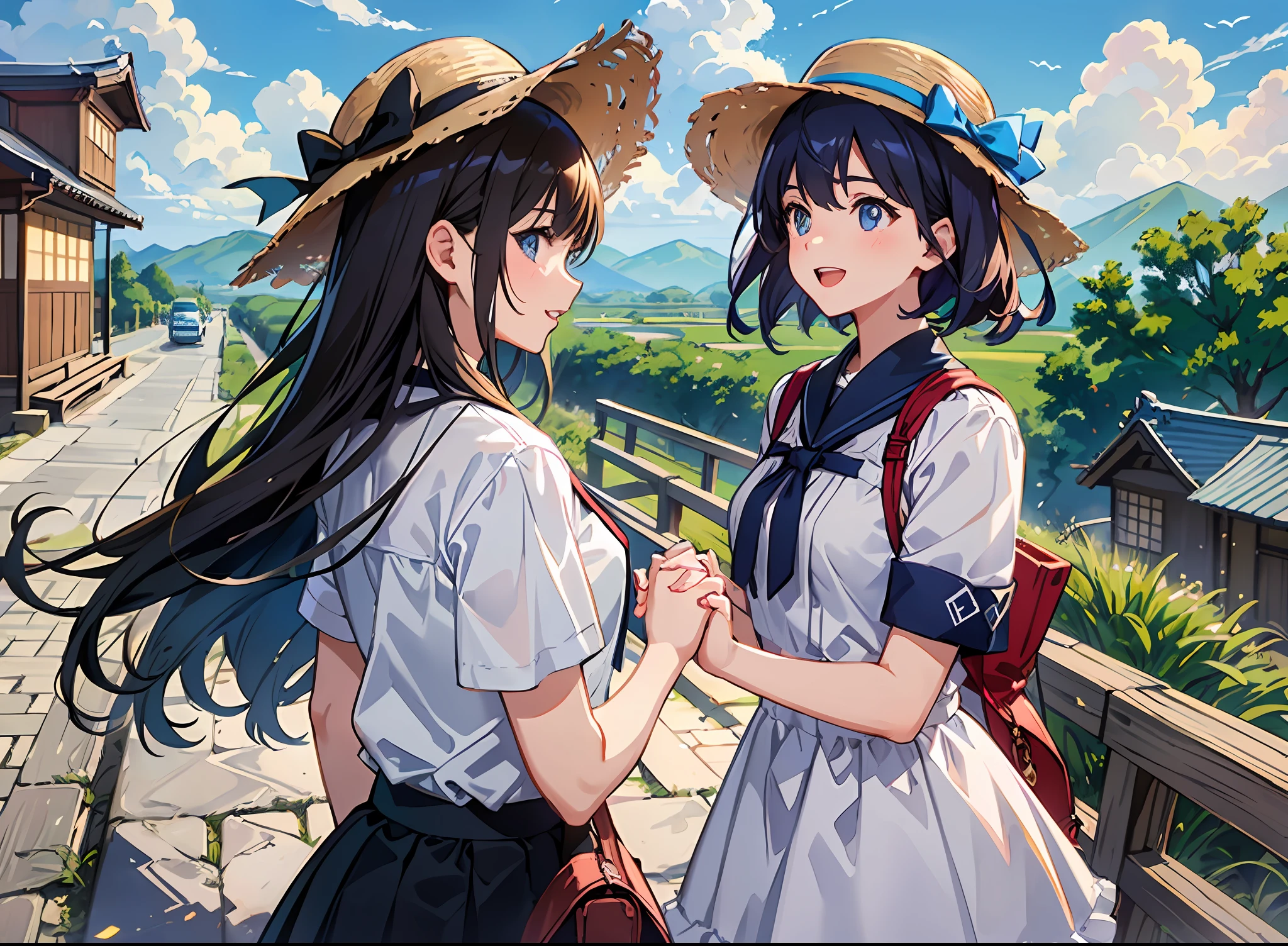 Wide Shot,shot from front,(2 girls in),(18year old),(Holding hands),(Hats),(Shirt blouse:1.3), (skirt by the),(Very fun:1.3),(Laugh:1.3),Romper,​masterpiece,ultra-detailliert,top-quality,animesque,(Very pretty woman),Soft,Gentle,(By Shinkai Makoto),Professional Lighting,Romper,Hyper-detailing,Sharp Detail,Romper,(Magnificent panorama),(Light transmission),(Detailed background depiction), Very beautiful blue sky,the wind,a bird,Romper,(Rural station in Japan),(Station platform),Big and beautiful eyes,Focus on the eyes,(Fetishes:1.3)