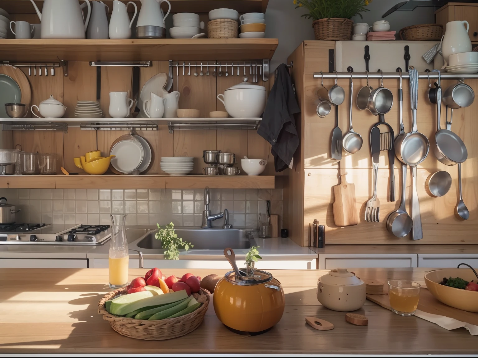High-detail RAW color photography, Modern kitchen in the style of Provence, (higly detailed, hyper-detailing, Entanglement), ((DAY TIME)), (lens glare: 0,7), (bloom: 0,7), particle fx, ray traced, 电影灯光, Shallow depth of field, photographed with Sony a9 II, 50mm wide angle lens, sharp-focus