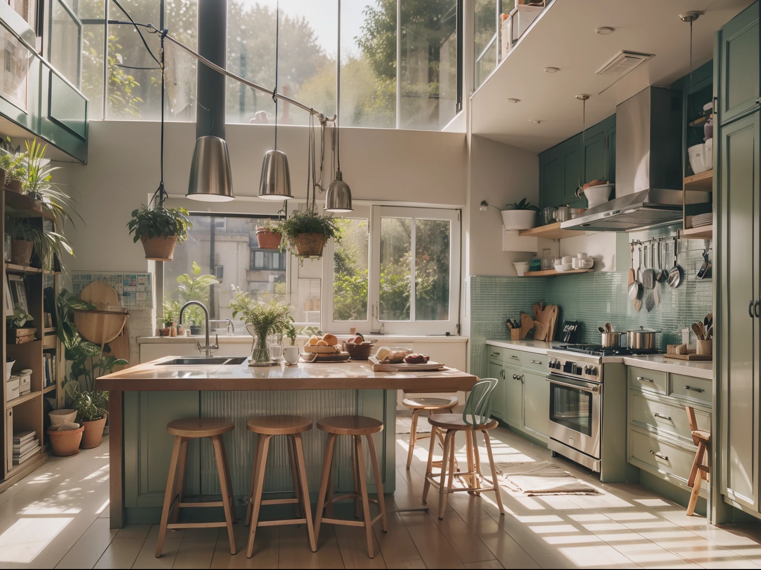 High-detail RAW color photography, Modern kitchen in the style of Provence, (higly detailed, hyper-detailing, Entanglement), ((DAY TIME)), (lens glare: 0,7), (bloom: 0,7), particle fx, ray traced, 电影灯光, Shallow depth of field, photographed with Sony a9 II, 50mm wide angle lens, sharp-focus