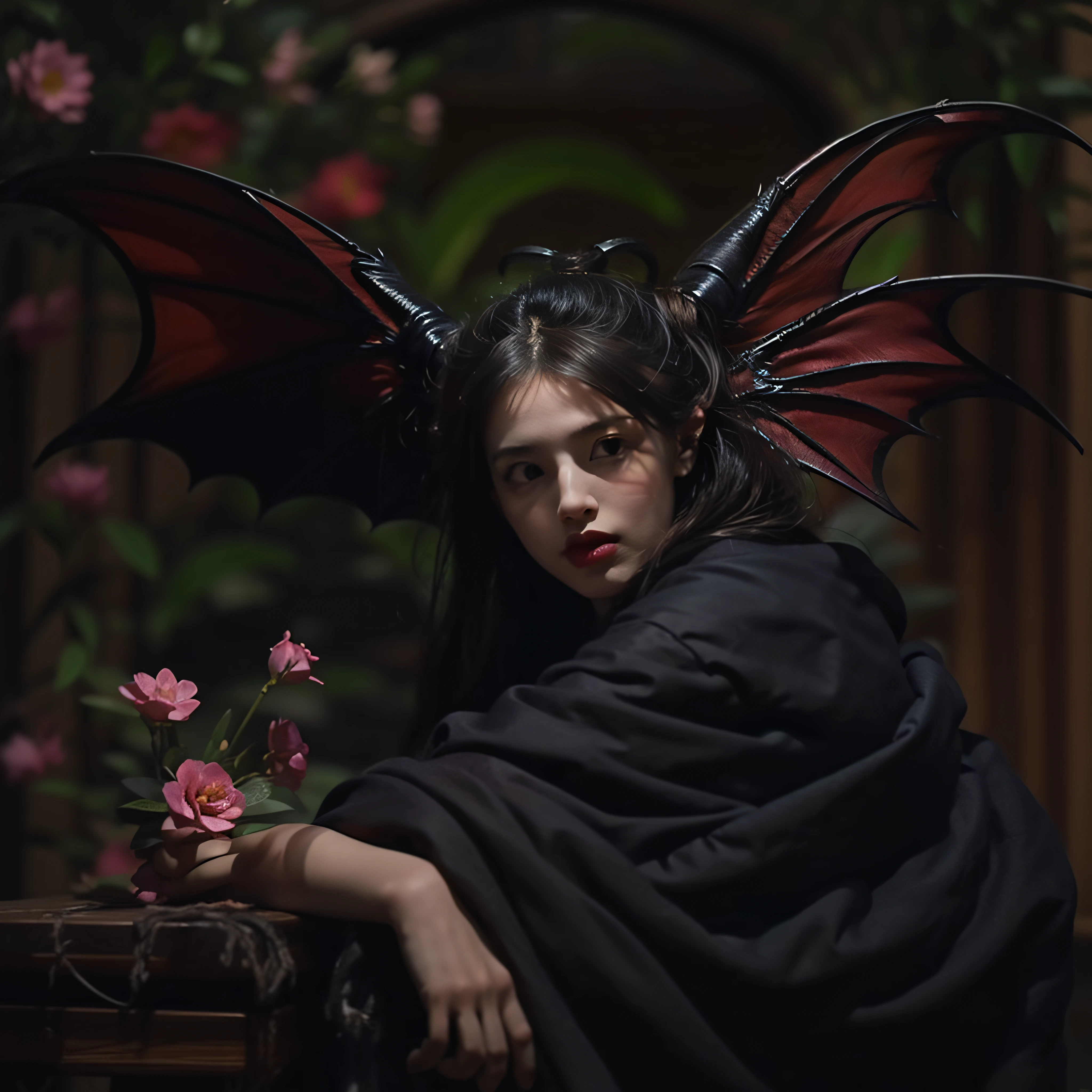 "((obra maestra))(The best lighting, alto contraste, oscuro, dramatic, Acabado fotorrealista),(manchas y desperfectos como de daguerrotipo).(Woman with Bat Wings, fondo lleno de flores),(Baphometh saca la lengua), viejos, Serpientes. Luz Caravaggio"