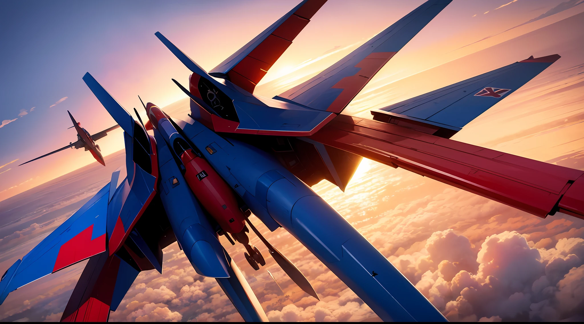 Two fighters fought in the air，One fighter is red，A fighter is blue，The blue fighter was hit in the tail section in front，Red fighters launch missiles from behind，Background in sunset，hyper-detailing， --auto