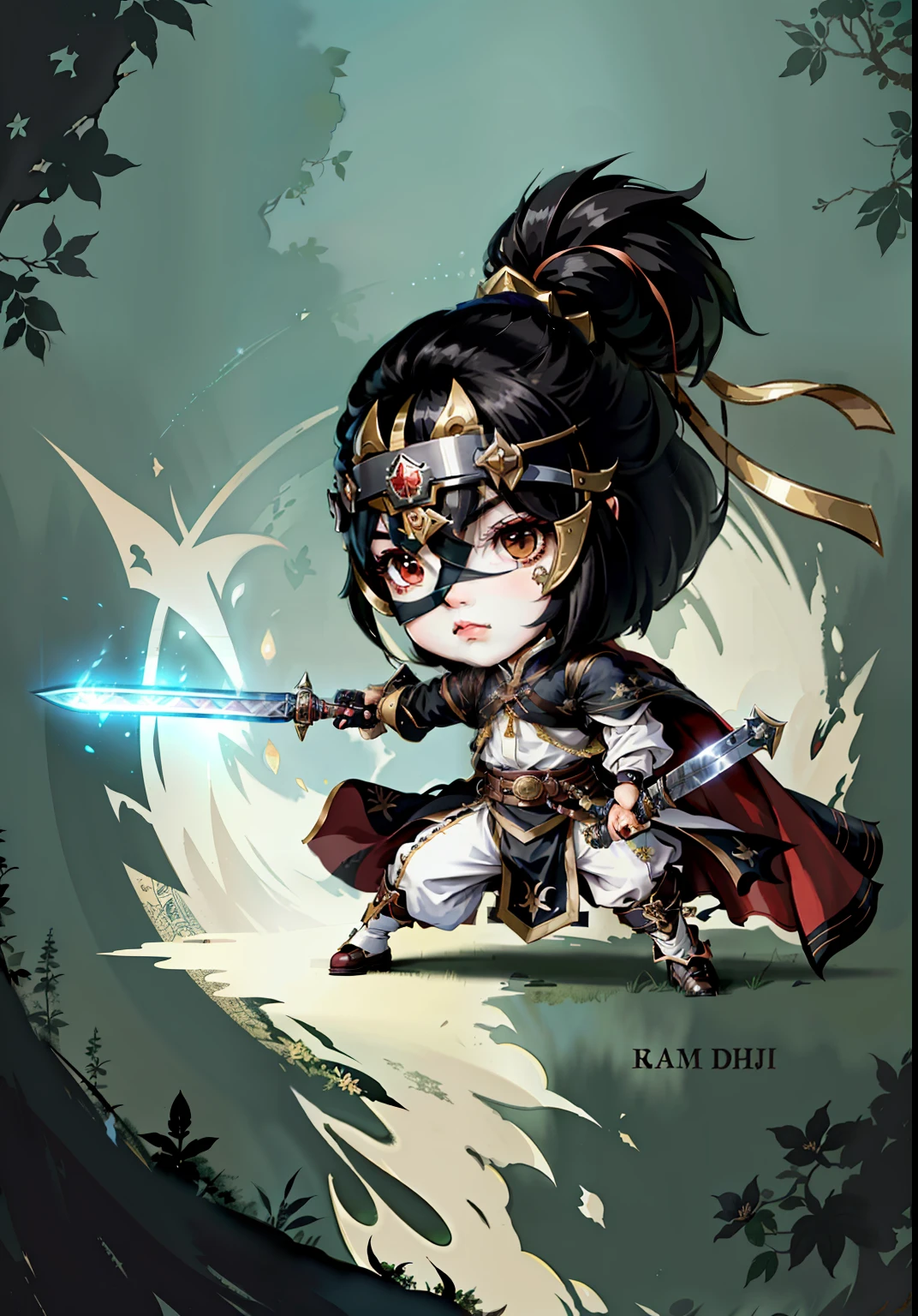 Chibi anime characters,The sword,sword sheath,Refinement,Fine painting,Refinement,infinite details,high definition detail,Delicate belt,Belt accessories,Male characters,Blindfolds,sideface,Swordsman,dark colored hair,patterned,Pattern,