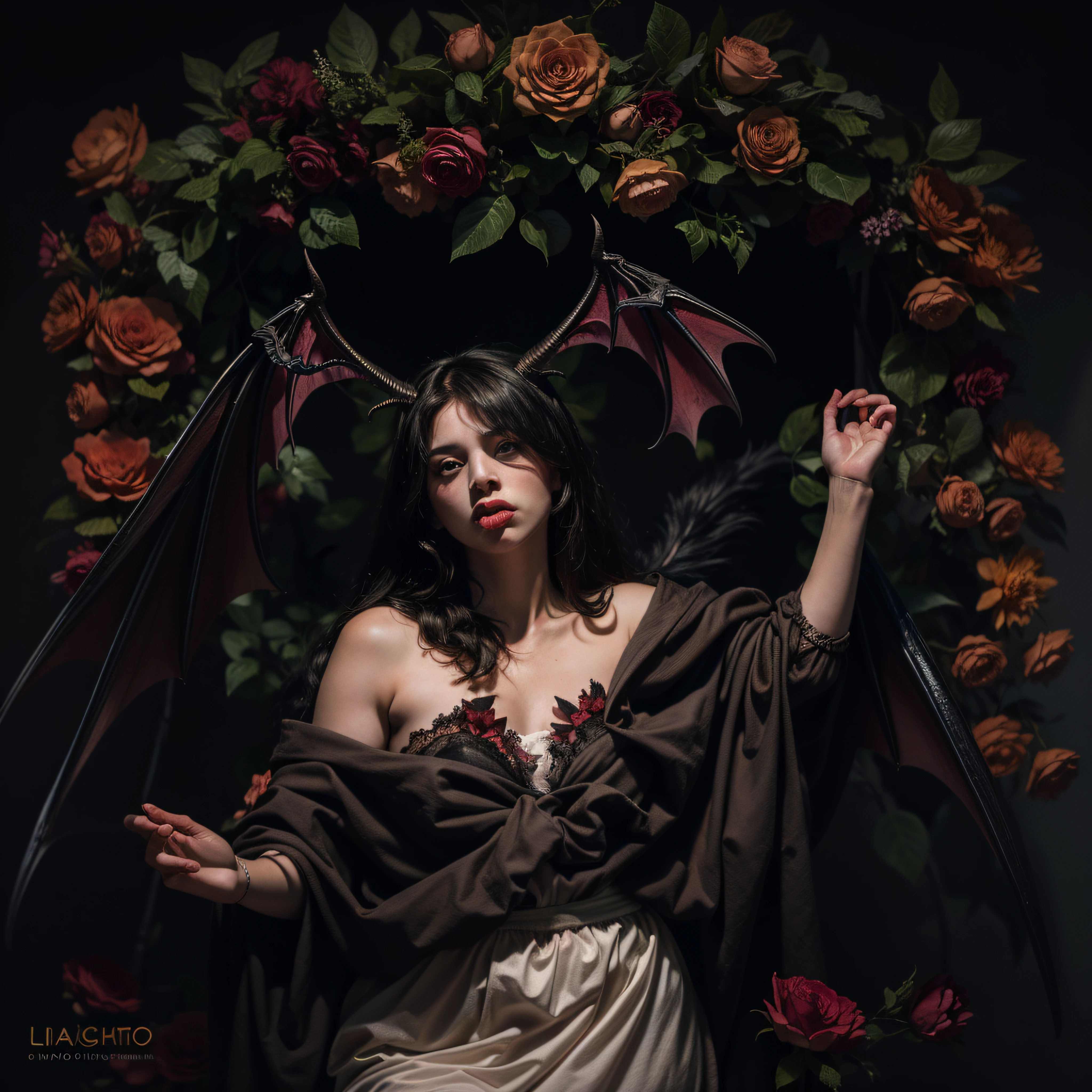 "((obra maestra))(The best lighting, alto contraste, oscuro, dramatic, Acabado fotorrealista),(manchas y desperfectos como de daguerrotipo).(Woman with Bat Wings, fondo lleno de flores),(Baphometh saca la lengua), viejos, Serpientes. Luz Caravaggio"