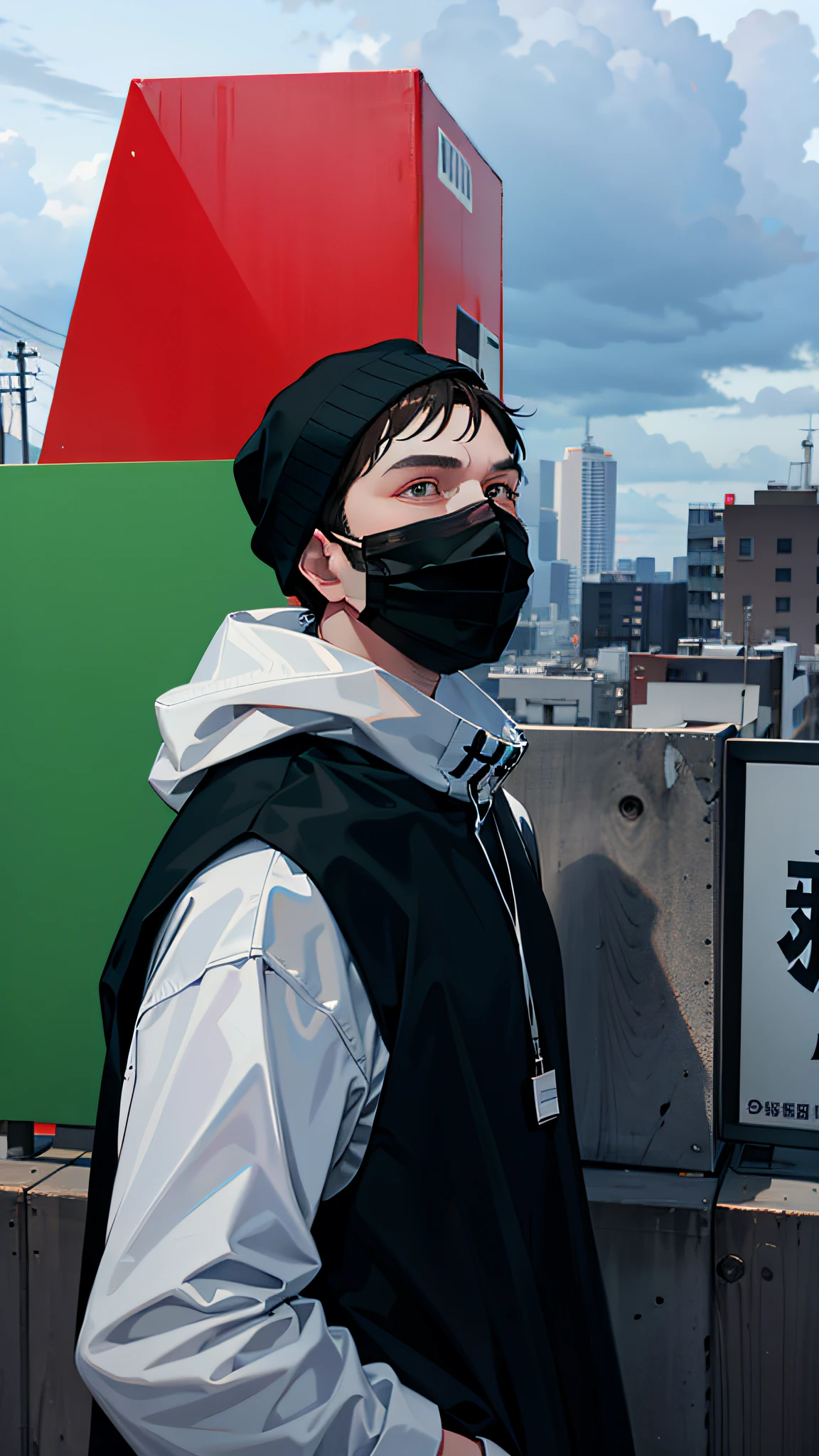 A man wearing a black mask and a black vest, Wearing an all-black door wave mask,Handsome,Particularly handsome,Gentle eyes, wearing face mask, one single mask, Wearing a mask, inspired by Gang Hui-an, wearing bandit mask, Mask, wearing face mask, masked, low quality video, ( ( Mask ) ), from 8 k matte, 4 0 9 6, wearing japanese techwear
