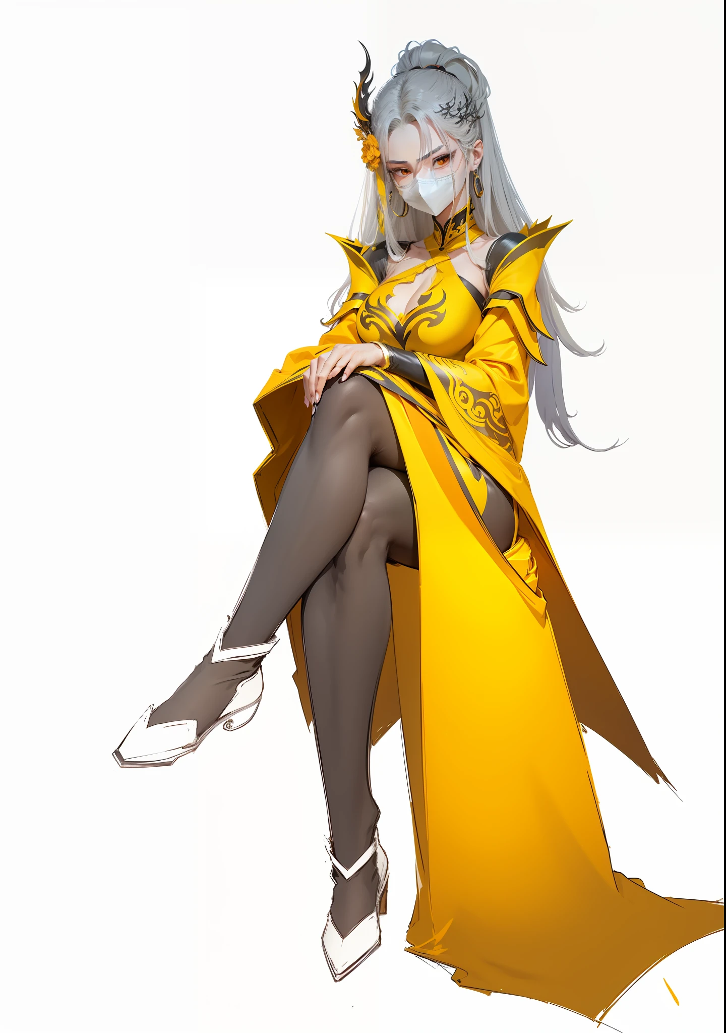 With a half-mask on his face，Wearing black silk，Long legs，Wearing a yellow and orange gradient costume，Left and right shoulder armor，Metal trim on the edges of clothes，Original Drawing，Full body anime characters sitting，Xianxia，ccurate，chiaroscuro --auto