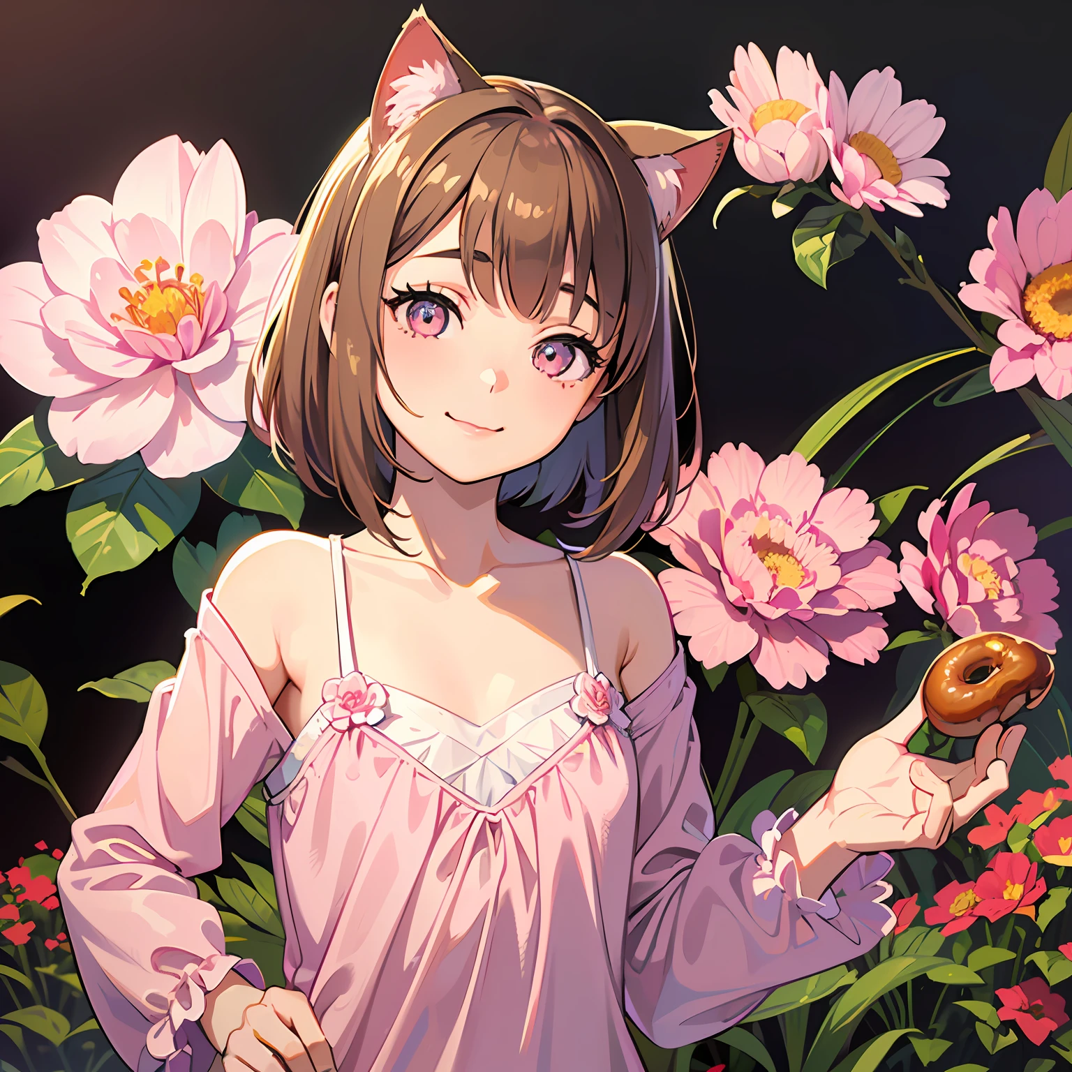masterpiece, best quality, ultra high res, (photo realistic:1.4), ((1girl)), beautiful detailed girl, (), (adult face:0.9), ((big smile, happy)), (flat chest:1.5), (eat a donut), ((pink flower shirt)), ((straight brown short hair with bangs:1.3, straight cut bangs, pink cat ears)), ((cat eyes, big eyes:1.3, upturned eyes:1.3, long eyelashes:1.2, Saucy)), bloom light effect, (flower field), --auto
