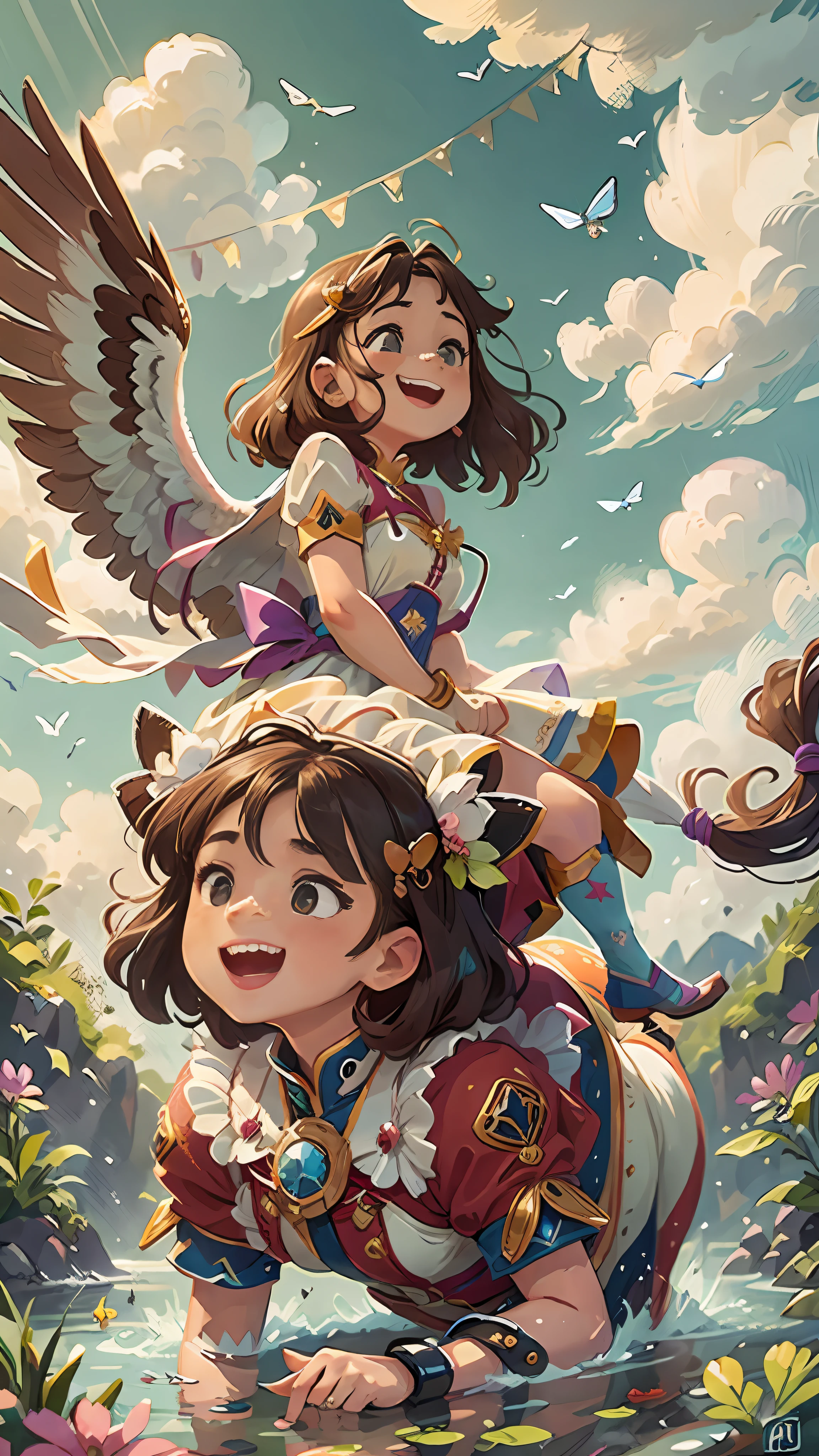 Masterpiece-quality CG， The best picture quality，8K， An angelic maiden，Graceful figure，Wearing a princess dress， Riding on the back of a white horse， Fly among rainbows and clouds， Happy laughter，Sexy stockings， （Picture books：1.5），Arm dynamics， armlets， thigh band， enjoying， O cabelo multicolorido， Water-colored eyes， Exaggerated accessories，Faraway view