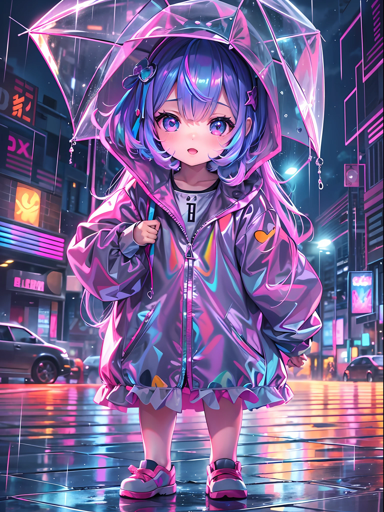 Super cute Q version baby girl Rem standing in the rain in a raincoat, illustration iridescent, magically glowing, shiny colorful, holograph, By Yuumei, Anime art wallpaper 8 K, Guviz-style artwork, Anime art wallpaper 4k, Anime art wallpaper 4 K,  Beautiful anime artwork, Digital anime art, Guviz，（full bodyesbian：1.2）