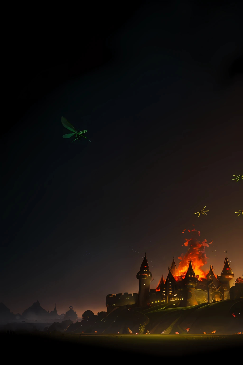 (8k, RAW photo, best quality, mastery:1.2), (realistic, photo-realistic:1.37), Octane render, ultra high res, ultra-detailed ,professional lighting, photon mapping, radiosity, physically-based rendering, ue5, ((There are dragonflies in the air)), ((Dragonflies are attacking land)), ((There is a huge lizard)), ((Lizard eyes red)), ((Burning castle))