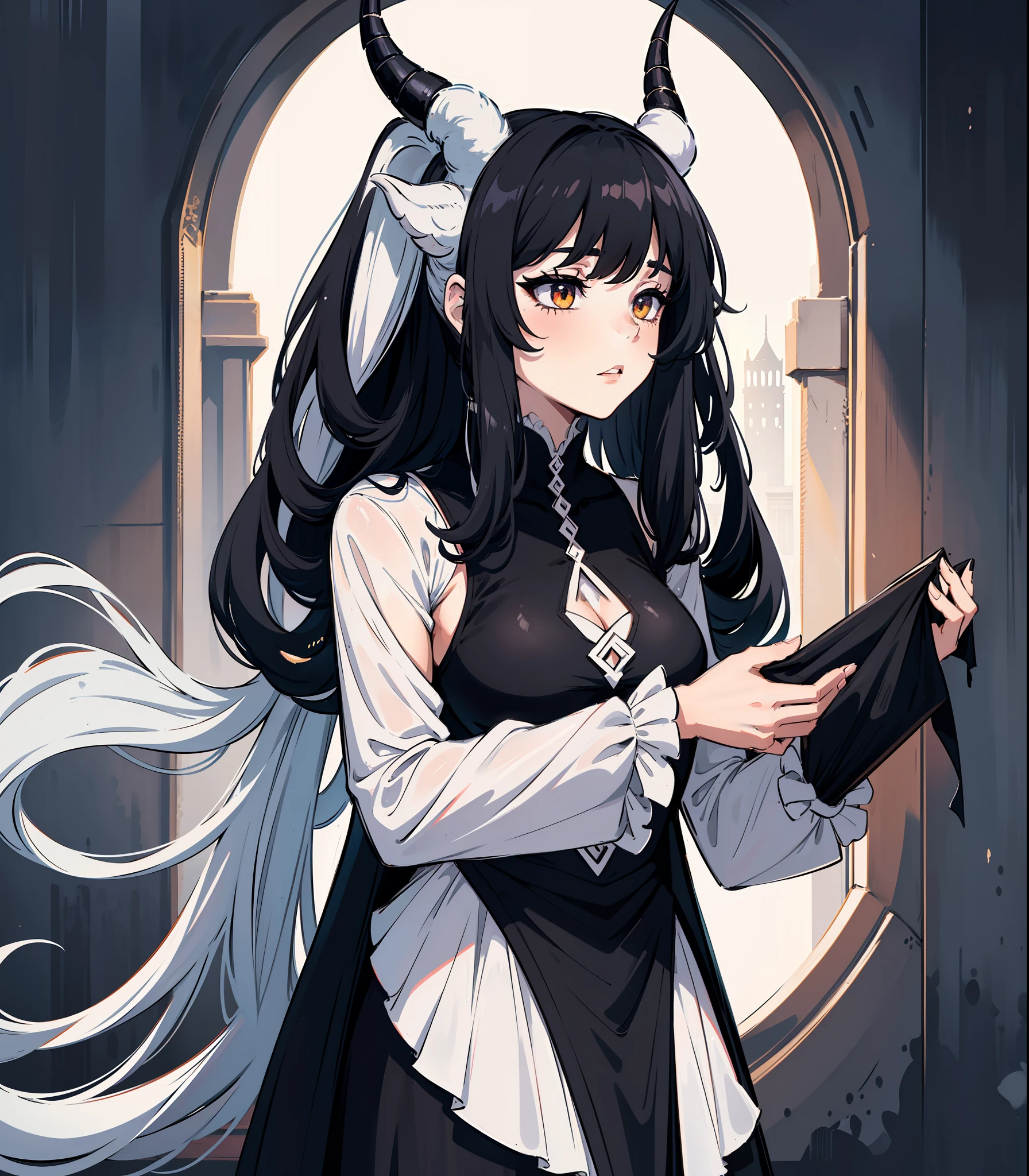 Bicorn monster girl, A variant of the unicorn that has an alluring black coat and two horns, silver long pigtails, a cylindrical black hat with a long black veil attached at the back, wearing white Lily Dress, best quality, masterpiece