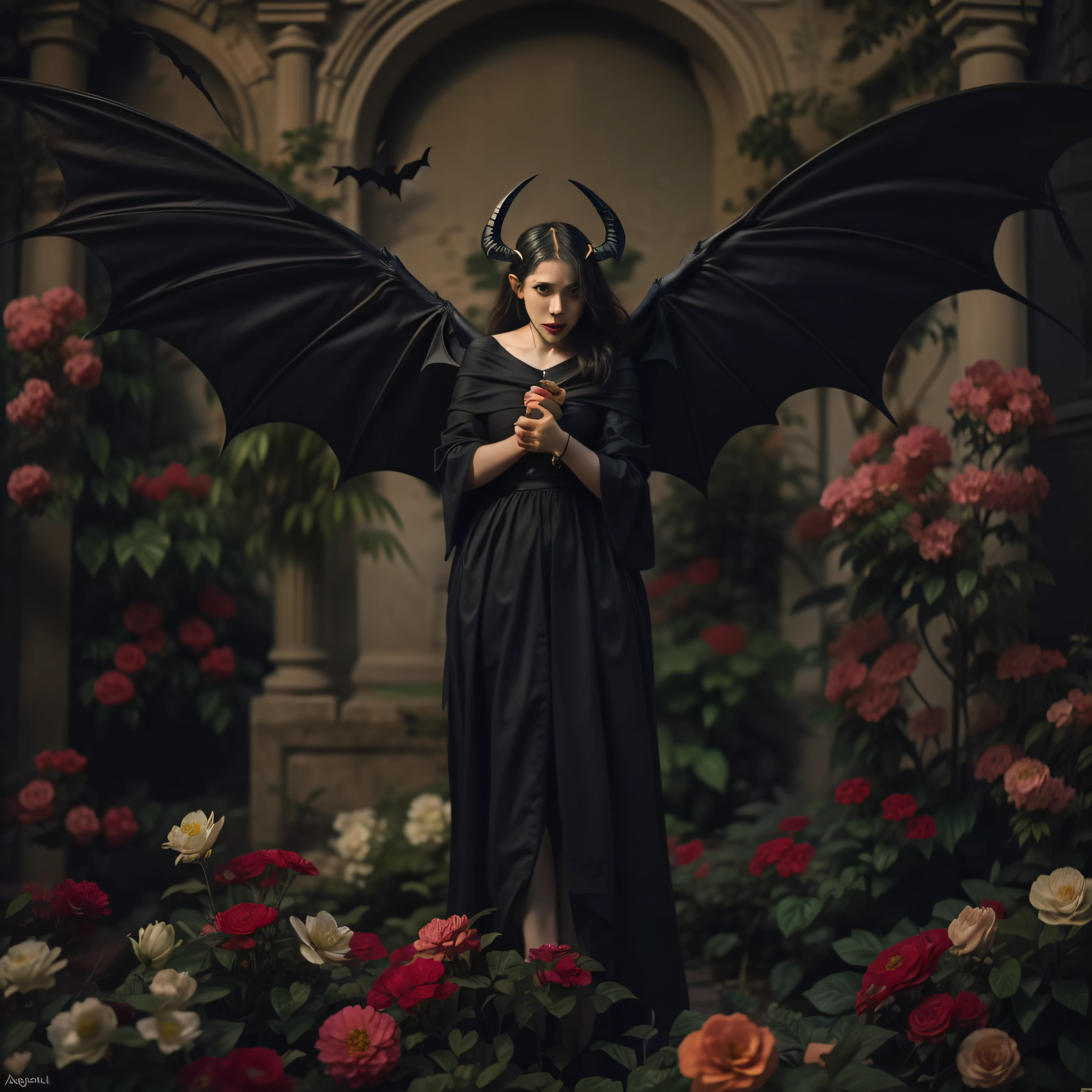 "((obra maestra))(The best lighting, alto contraste, oscuro, dramatic, Acabado fotorrealista),(manchas y desperfectos como de daguerrotipo).(Woman with Bat Wings, fondo lleno de flores),(Baphometh saca la lengua), viejos, Serpientes. Luz Caravaggio"