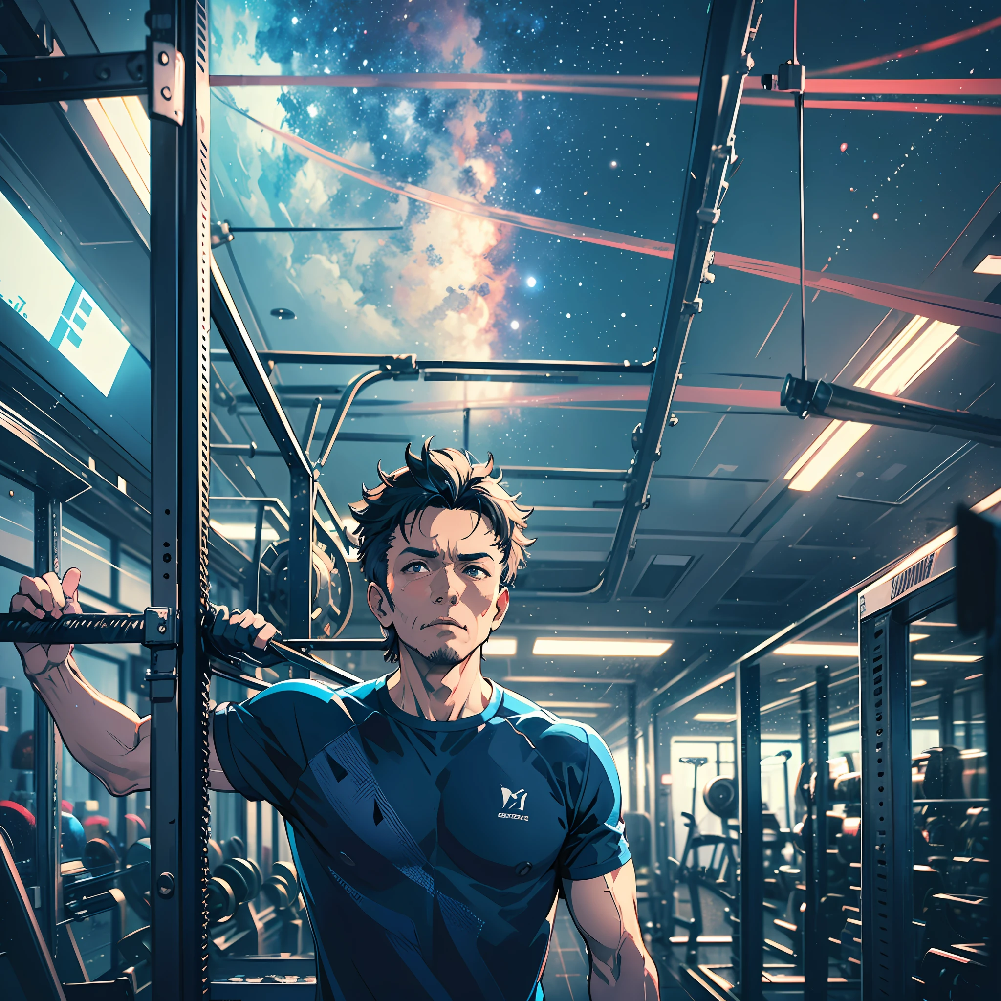man 60 years fitness in gym::5 galactic::1 fire::1 satellite imagery::ji shinkawa::1 neon blue color::1 cotton::1 --auto --s2