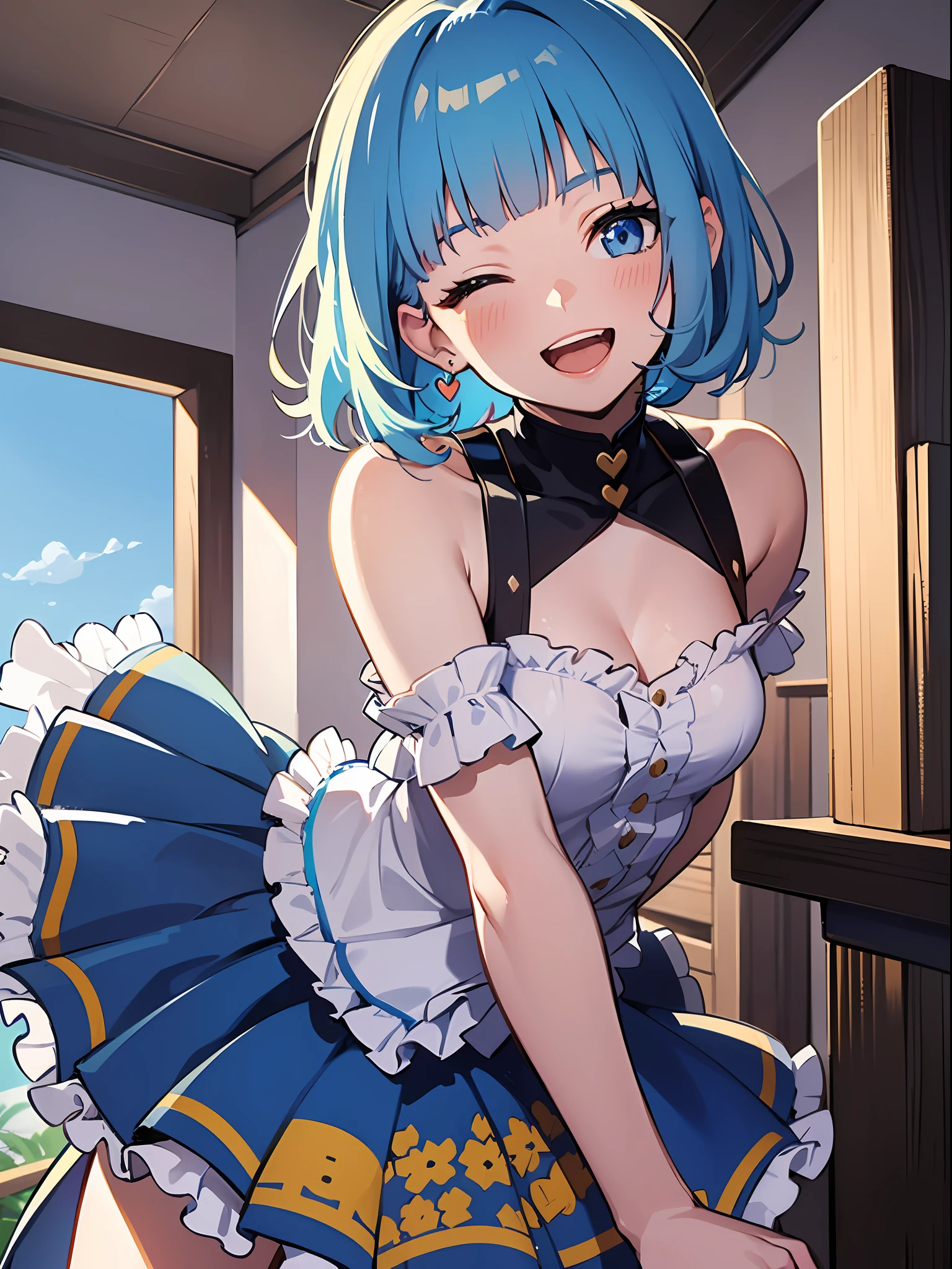 (masterpiece:1.3), (best quality:1.3), high resolution,
dutch angle, couboy shot,
head tilt, leaning forward, body facing forward, She's flipping up her skirt,
(one cute girl:1.3), solo,
white skin, small Breast, eight-headed person,
light blue hair, (bobbed hair:1.2), (short hair:1.2), (blunt bangs:1.2), beautiful hair, blue eyes, beautiful detailed eyes,
open mouth, heart, cheerful smile, one eye closed,
blue check skirt, one piece dress, frill,
indoors, white room,
shadowlighting,