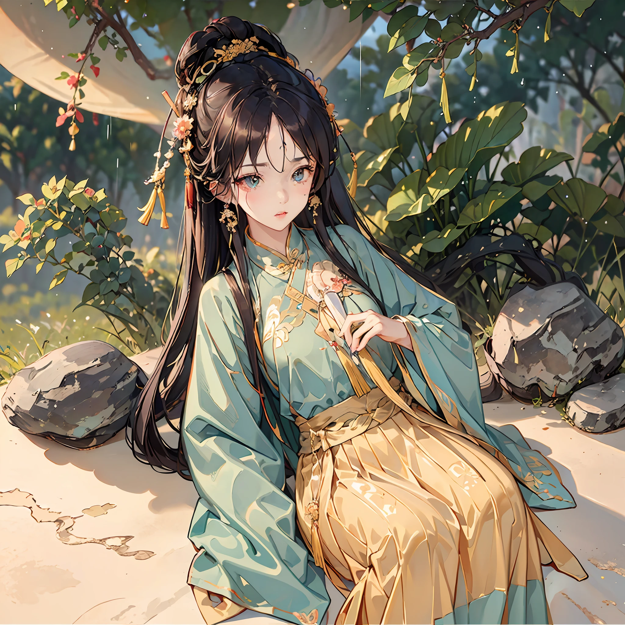 Off-white rain hair, Heterochromic pupils (Mango yellow in the left eye, The right eye is cloudy), Sugar gourd, Flute at waist, Bug element, on cheongsam --auto