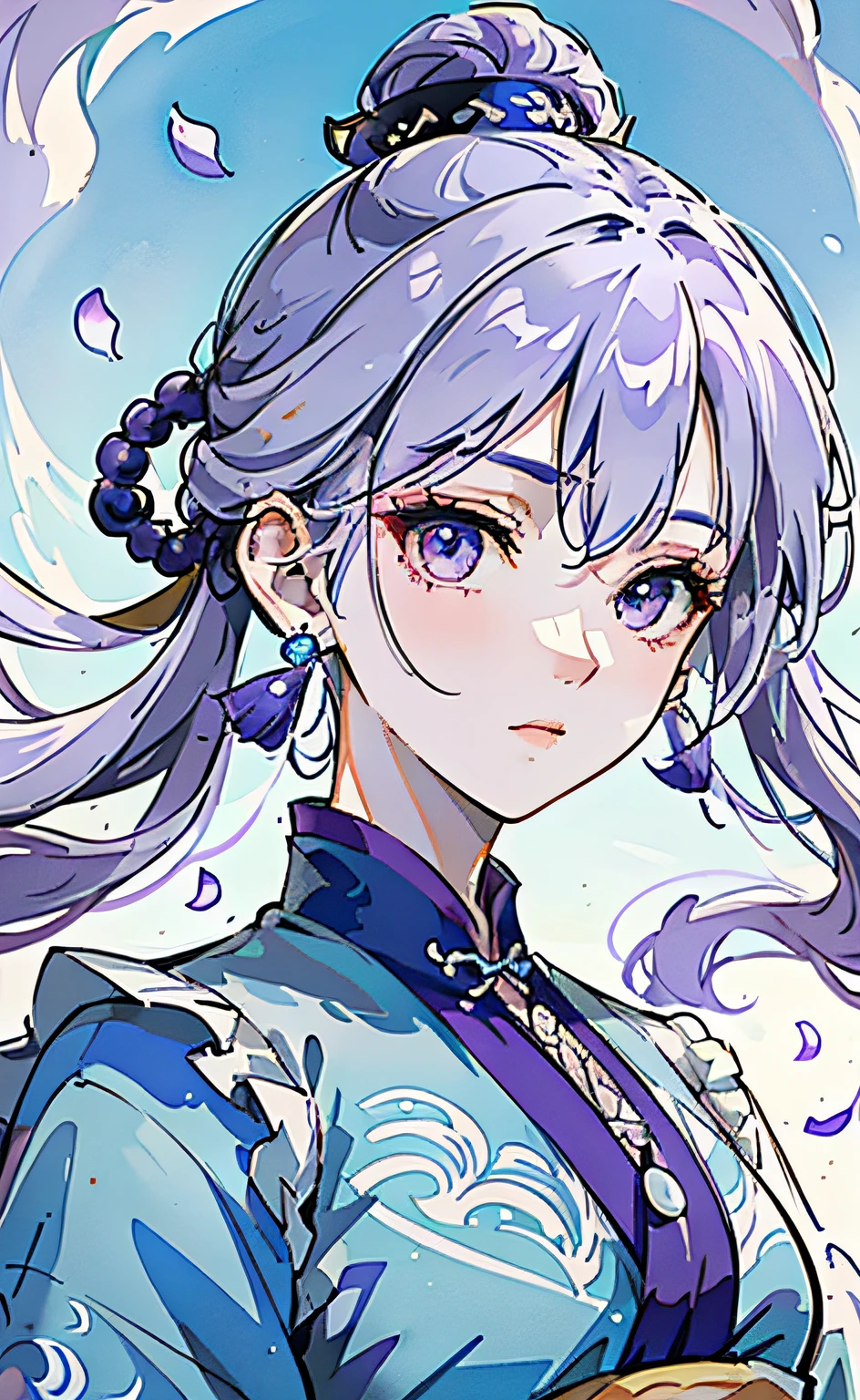 Mature girl, purple eyes, blue-white hair color, floating hair, delicate and flexible eyes, intricate damask hanfu, gorgeous accessories, wearing pearl earrings, fov, f/1.8, masterpiece, ancient Chinese architecture, blue sky, flower petals flying, front portrait shot, Chang'e, side lighting, sunlight on people, 8K