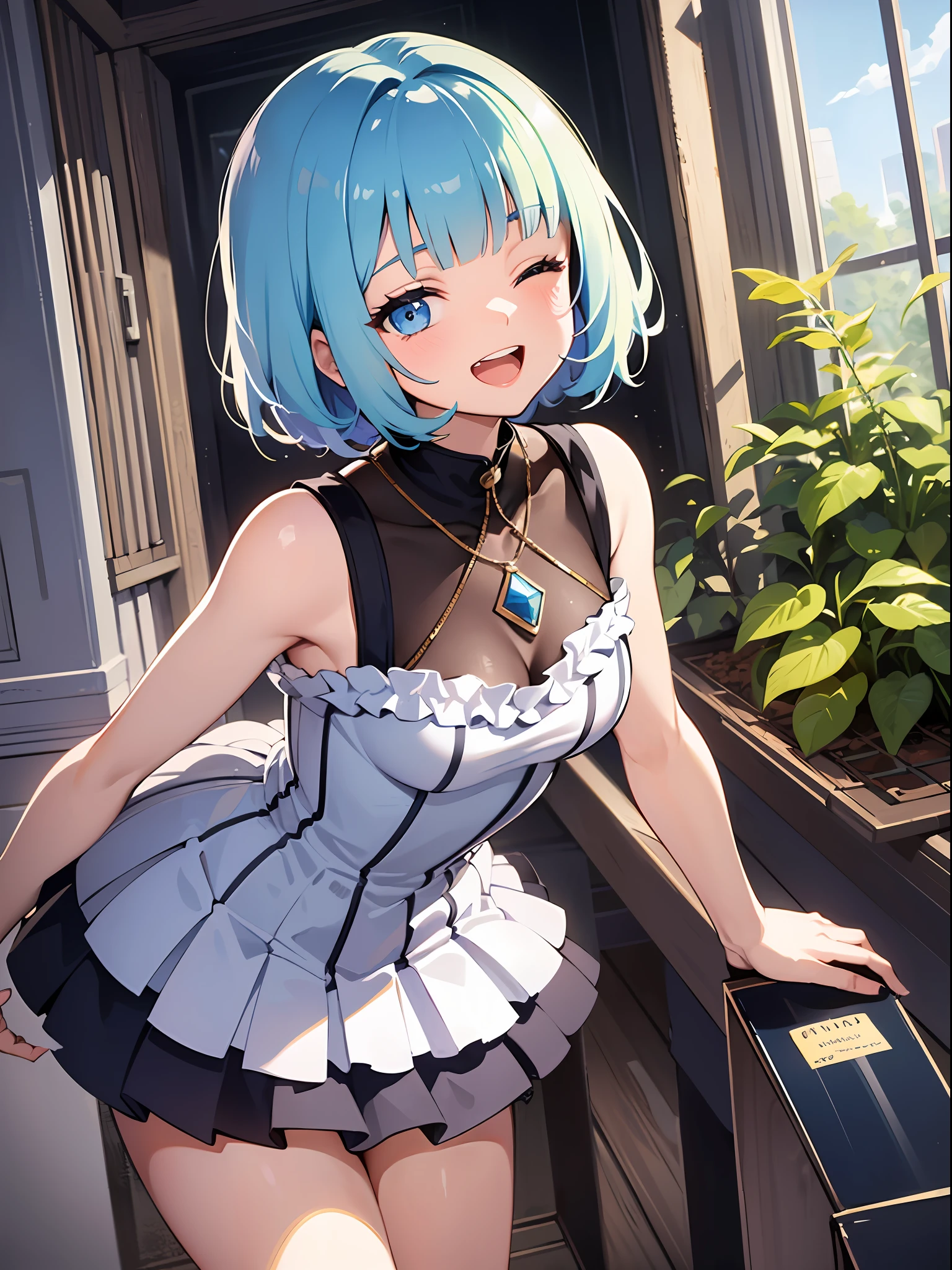 (masterpiece:1.3), (best quality:1.3), high resolution, 


dutch angle, couboy shot, 
head tilt, leaning forward, body facing forward, She's flipping up her skirt, 

(one cute girl:1.3), solo, 
white skin, small Breast, eight-headed person, 
light blue hair, (bobbed hair:1.2), (short hair:1.2), (blunt bangs:1.2), beautiful hair, blue eyes, beautiful detailed eyes, 

open mouth, heart, cheerful smile, one eye closed, 

blue check skirt, one piece dress, frill, 

indoors, white room, 

shadowlighting,