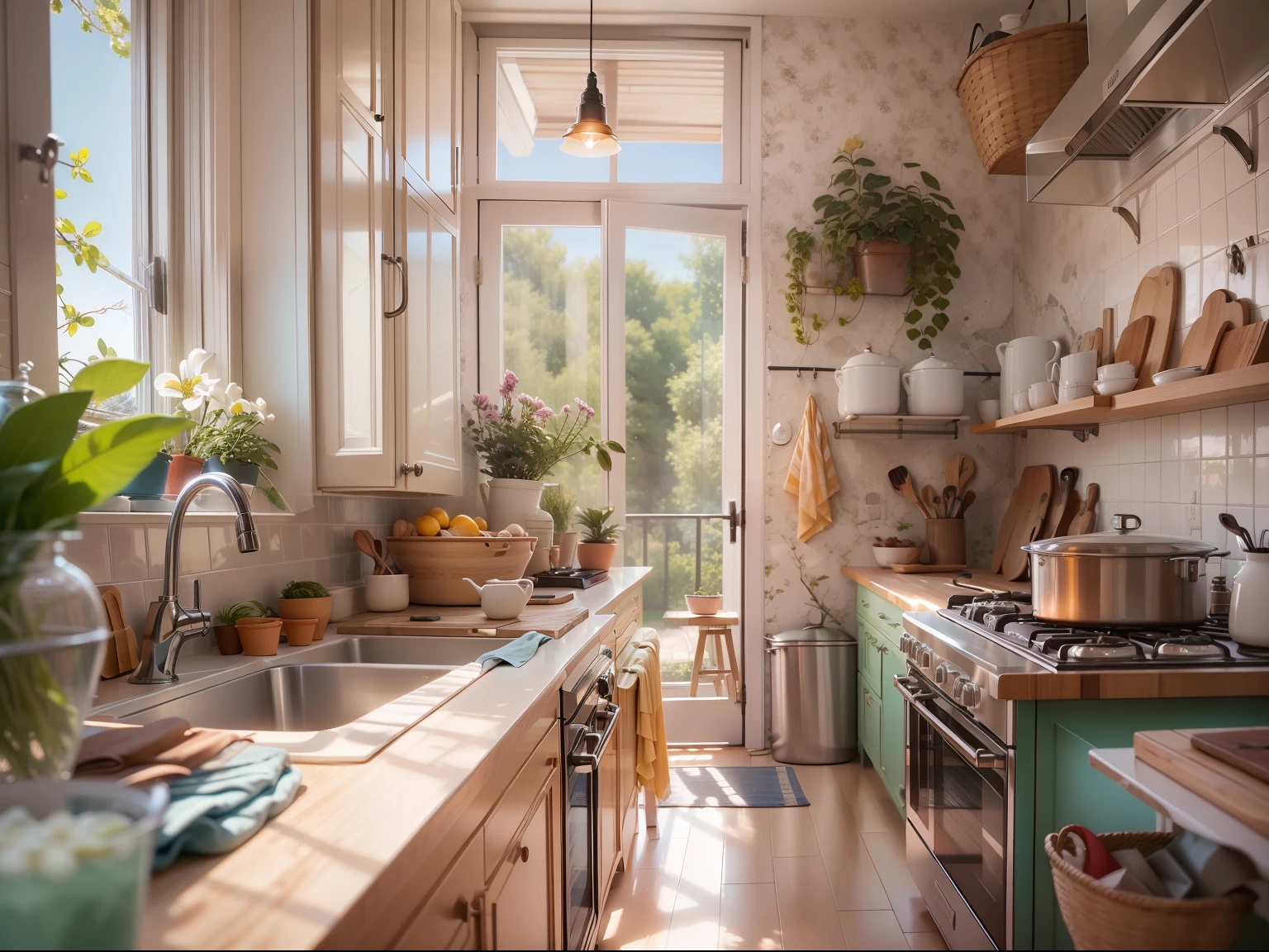 High-detail RAW color photography, Modern kitchen in the style of Provence, (higly detailed, hyper-detailing, Entanglement), (lens glare: 0,7), (bloom: 0,7), particle fx, ray traced, 电影灯光, Shallow depth of field, photographed with Sony a9 II, 50mm wide angle lens, sharp-focus
