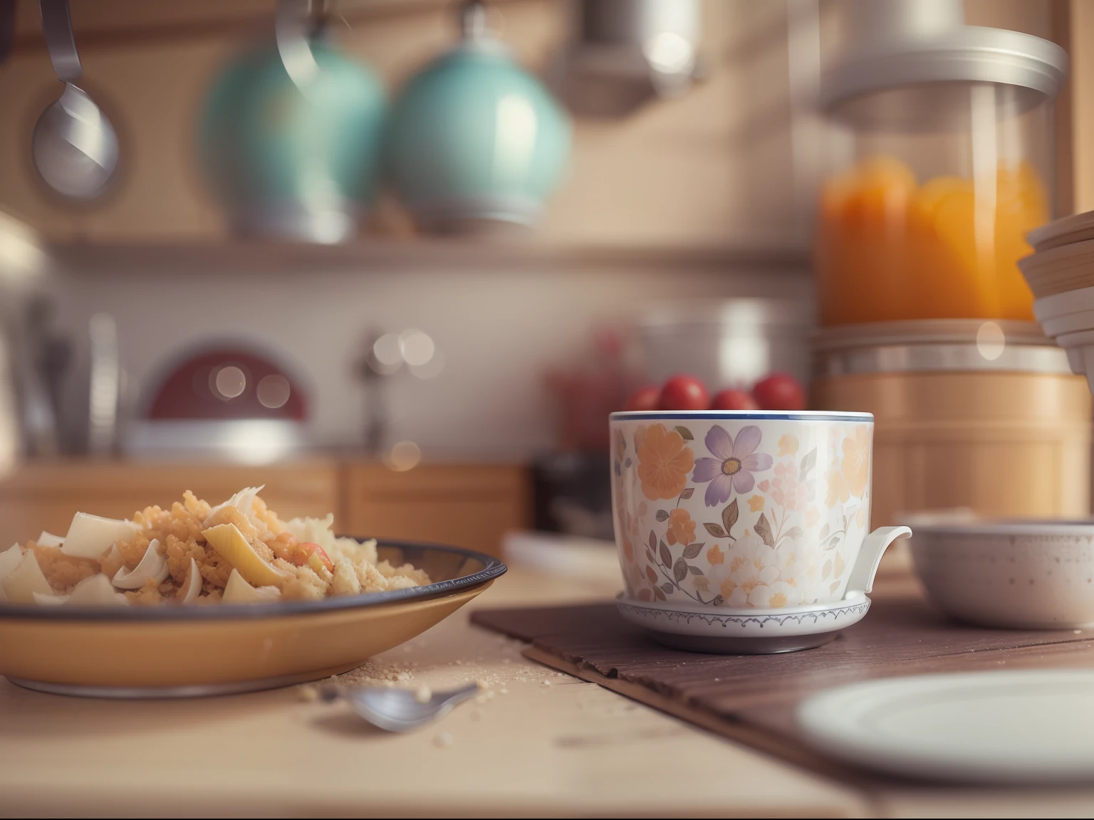 High-detail RAW color photography, Modern kitchen in the style of Provence, (higly detailed, hyper-detailing, Entanglement), (lens glare: 0,7), (bloom: 0,7), particle fx, ray traced, 电影灯光, Shallow depth of field, photographed with Sony a9 II, 50mm wide angle lens, sharp-focus
