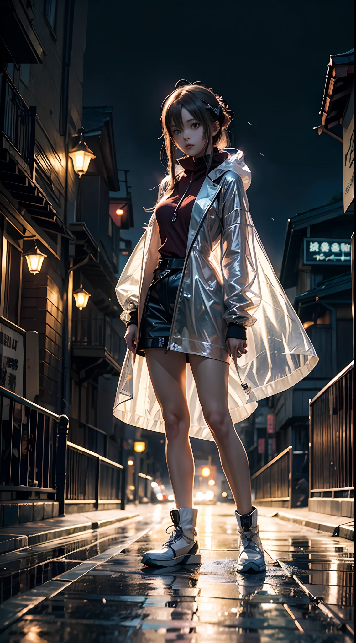 Anime Sword Art Online（（Super Moe Q version Asuna））Standing in the rain in a long raincoat, illustration iridescent, magically glowing, shiny colorful, holograph, By Yuumei, Anime art wallpaper 8 K, Guviz-style artwork, Anime art wallpaper 4k, Anime art wallpaper 4 K, girl in raincoat, Beautiful anime artwork, Digital anime art, Guviz，full bodyesbian，2 head body