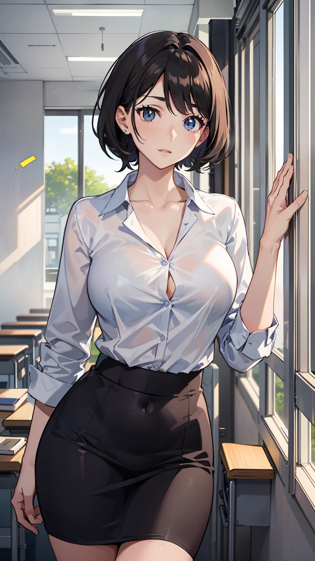 1womanl,female teacher,30s,Office Suits, Black tight skirt,White blouse, Standing,tits out,breasts,wide hips, short of a person,Beautiful face,slanted eye,Thin eyebrows,Cool Face,Black hair, Medium Hair,from the front side,Indoor,Daytime,In the classroom,Anime style,masutepiece, extremely fine and beautiful,Illustration