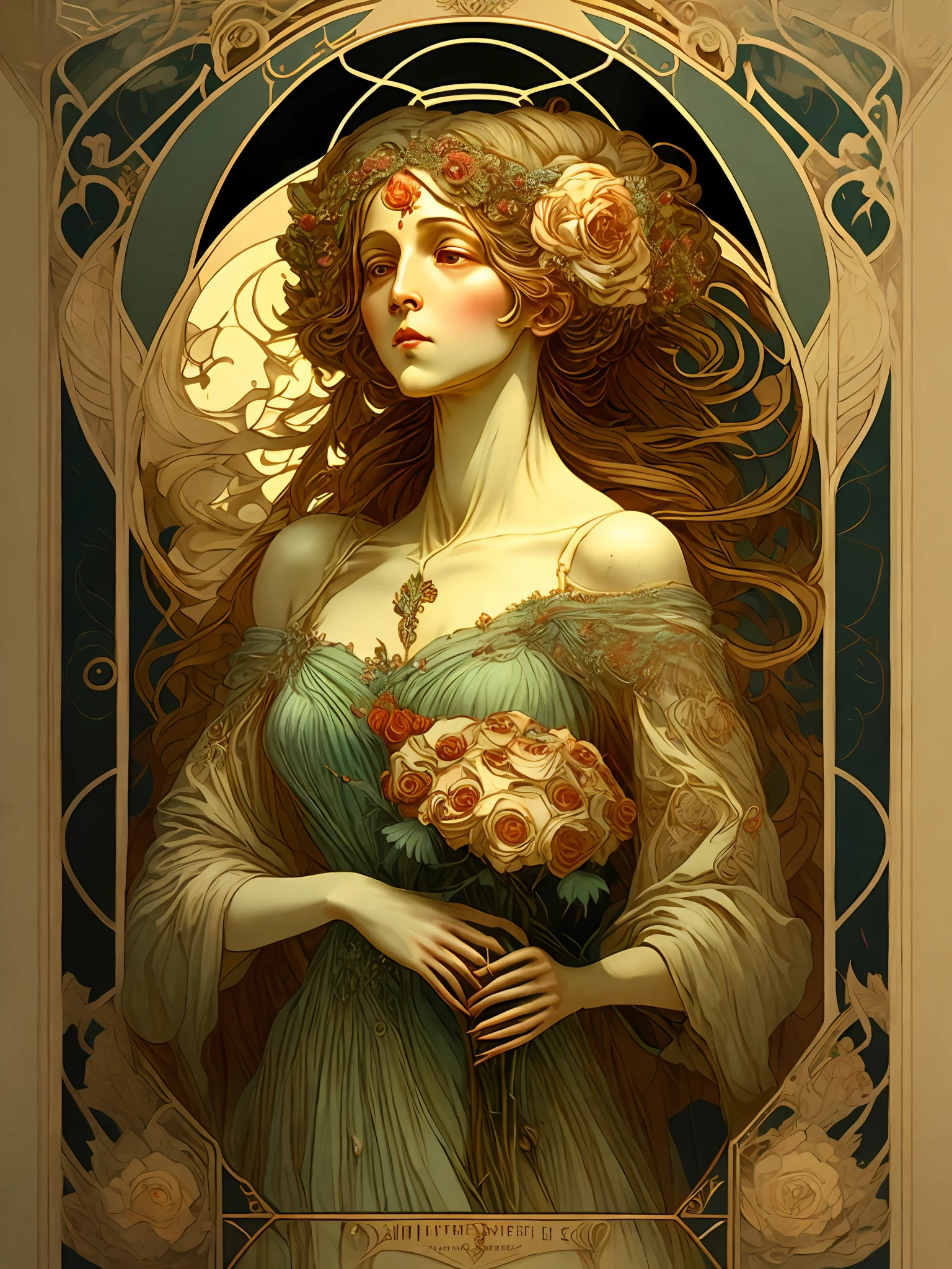 a woman holding a flower in her hand and wearing a green dress and holding a rose in her right hand by Alphonse Mucha