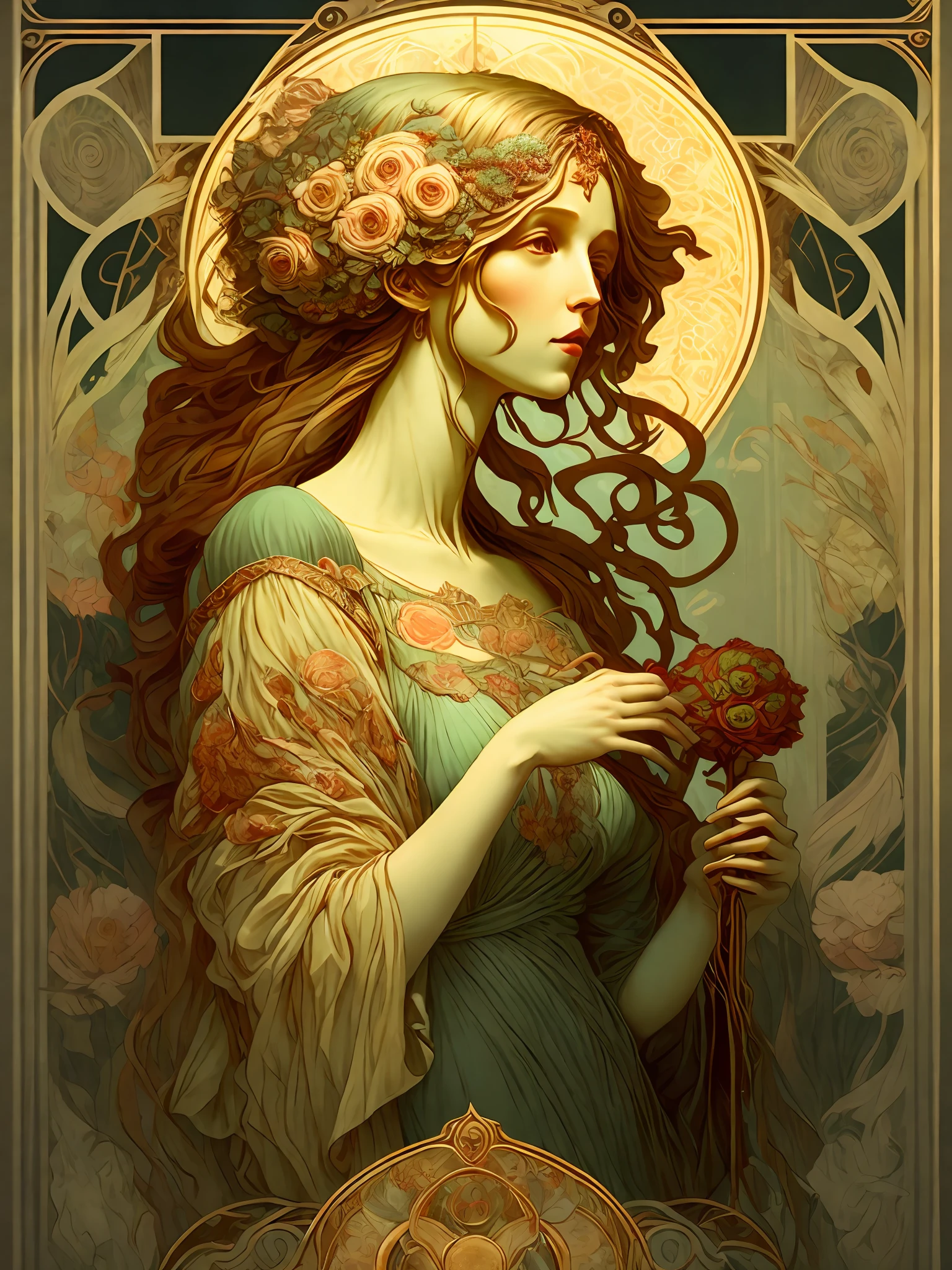a woman holding a flower in her hand and wearing a green dress and holding a rose in her right hand by Alphonse Mucha