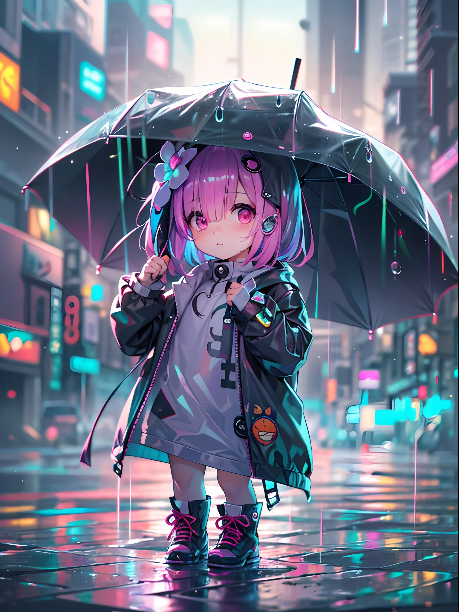 Super cute Q version baby girl Rem standing in the rain in a raincoat, illustration iridescent, magically glowing, shiny colorful, holograph, By Yuumei, Anime art wallpaper 8 K, Guviz-style artwork, Anime art wallpaper 4k, Anime art wallpaper 4 K, Beautiful anime artwork, Digital anime art, Guviz,(full bodyesbian:1.2)