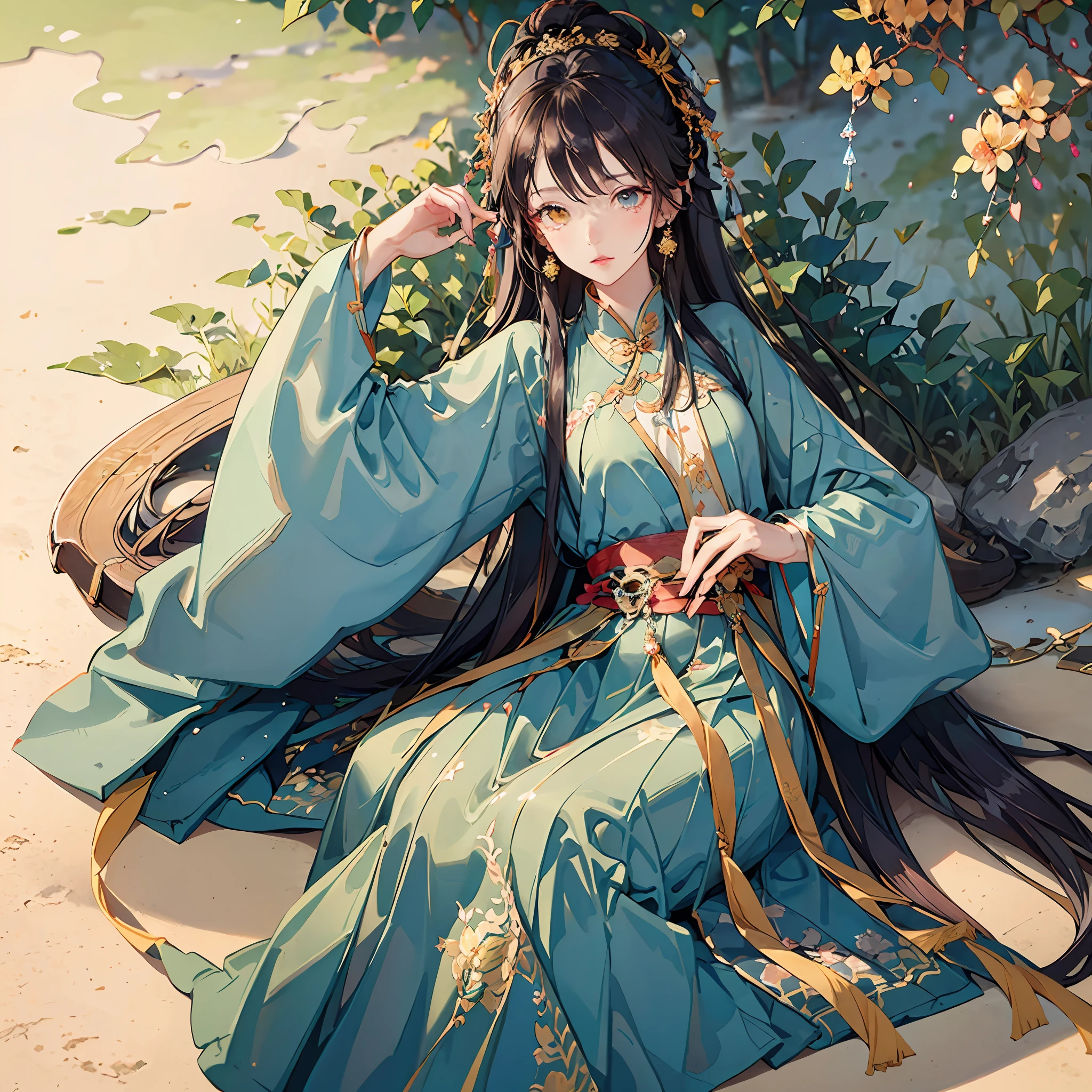Off-white rain hair, Heterochromic pupils (Mango yellow in the left eye, The right eye is cloudy), Sugar gourd, Flute at waist, Bug element, on cheongsam --auto