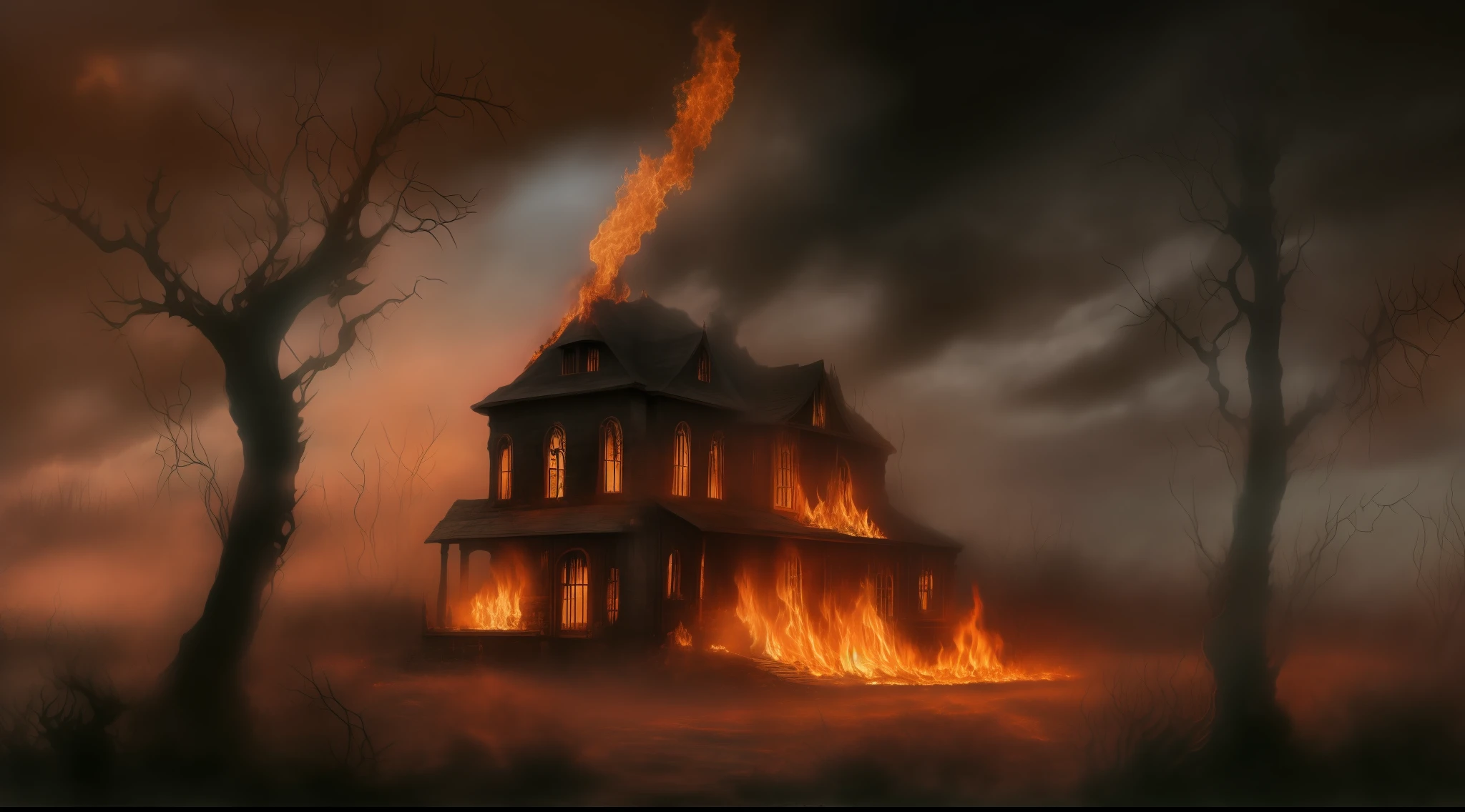 A desolate landscape with a burning terror mansion in the foreground, Fuego, Ambiente oscuro,  cielo oscuro, Arte digital