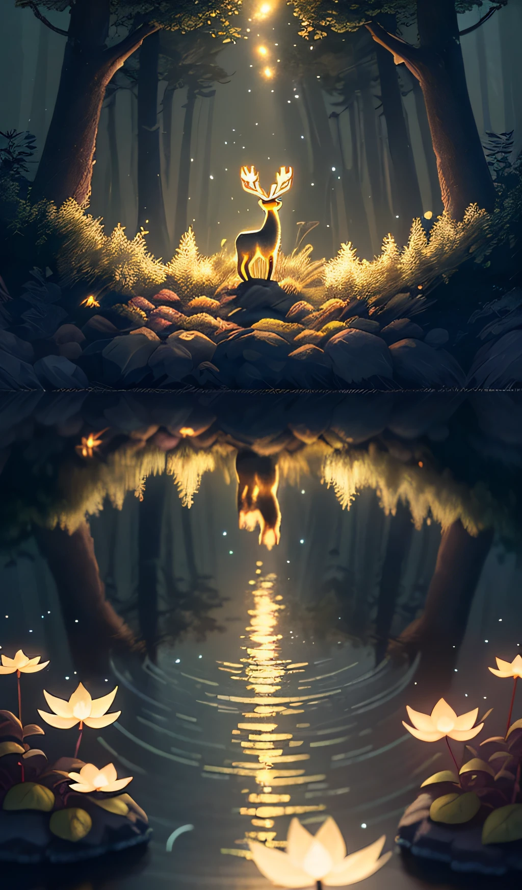 Masterpiece, best quality, (very detailed CG unity 8k wallpaper), (best quality), (best illustration), (best shadows), glow sprite, with a glowing deer, in the swimming pool Drinking water, natural elements in the forest theme. Mysterious forest, beautiful forest, nature, surrounded by flowers, delicate leaves and branches surrounded by fireflies (natural elements), (jungle theme), (leaves), (twigs), (fireflies), (particle effects) etc. 3D , Octane rendering, ray tracing, super detailed