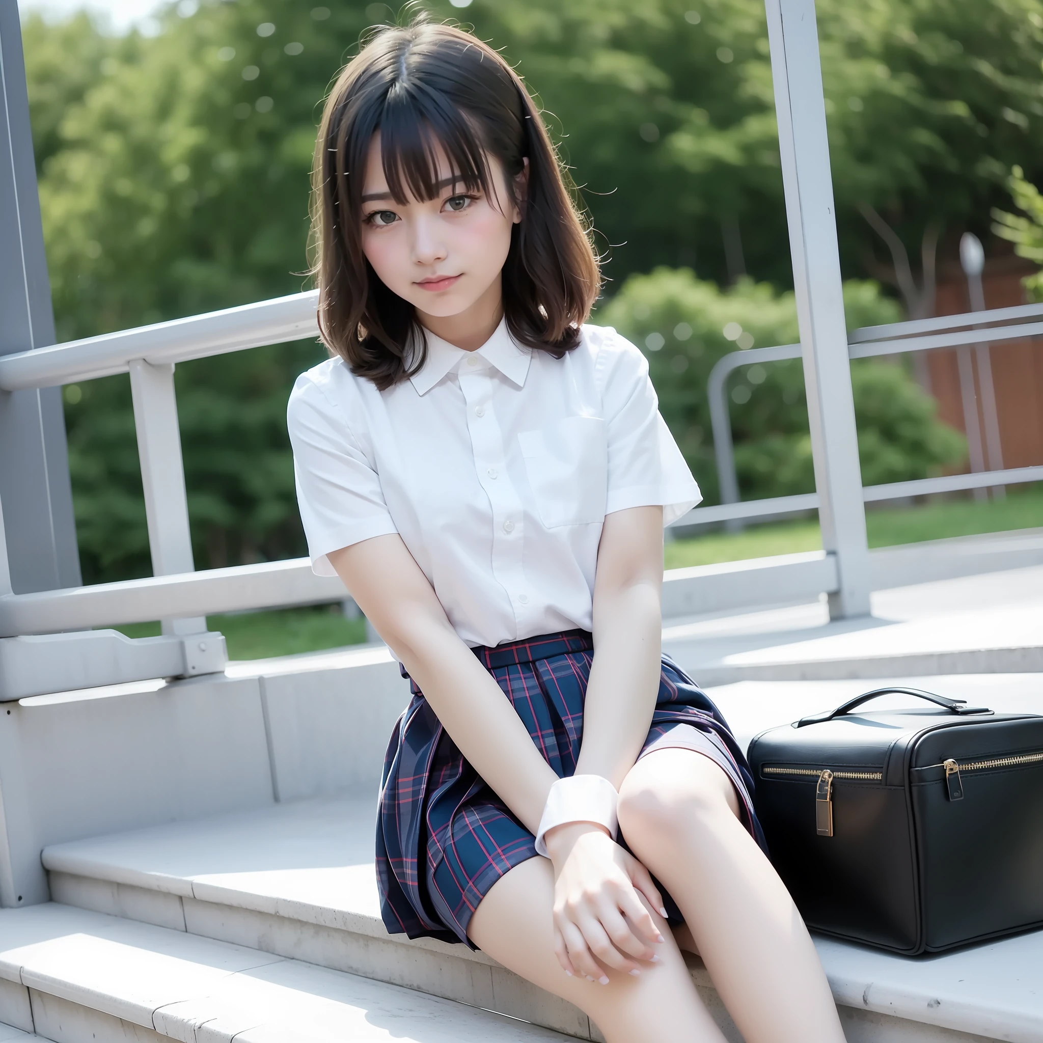 detaileds,8k, detailed shadow, looking at the viewers, white shirt, shortsleeves, Plaid, skirt by the, Plaid skirt, hand bag, blured background ,(masterpiece,top-quality), ,(arms_behind_back), black eyes, cute expression,Seated Pose