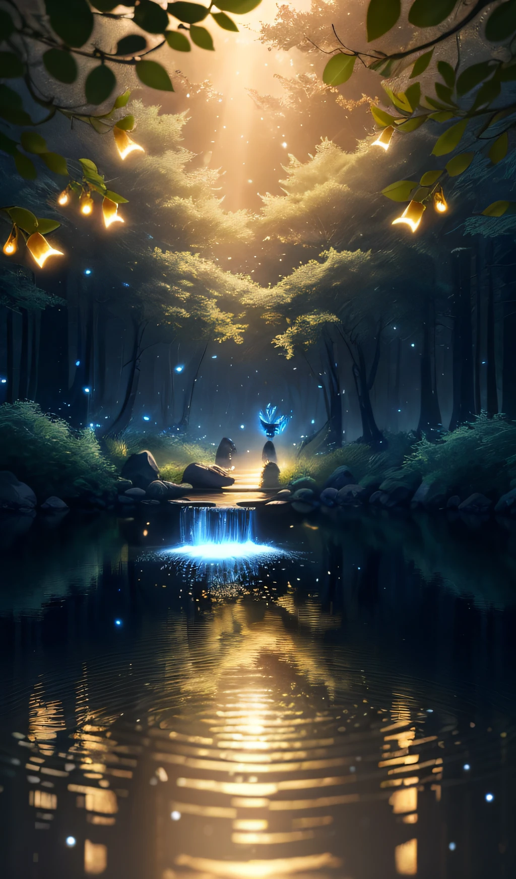 Masterpiece, best quality, (very detailed CG unity 8k wallpaper), (best quality), (best illustration), (best shadows), glow sprite, with a glowing deer, in the swimming pool Drinking water, natural elements in the forest theme. Mysterious forest, beautiful forest, nature, surrounded by flowers, delicate leaves and branches surrounded by fireflies (natural elements), (jungle theme), (leaves), (twigs), (fireflies), (particle effects) etc. 3D , Octane rendering, ray tracing, super detailed