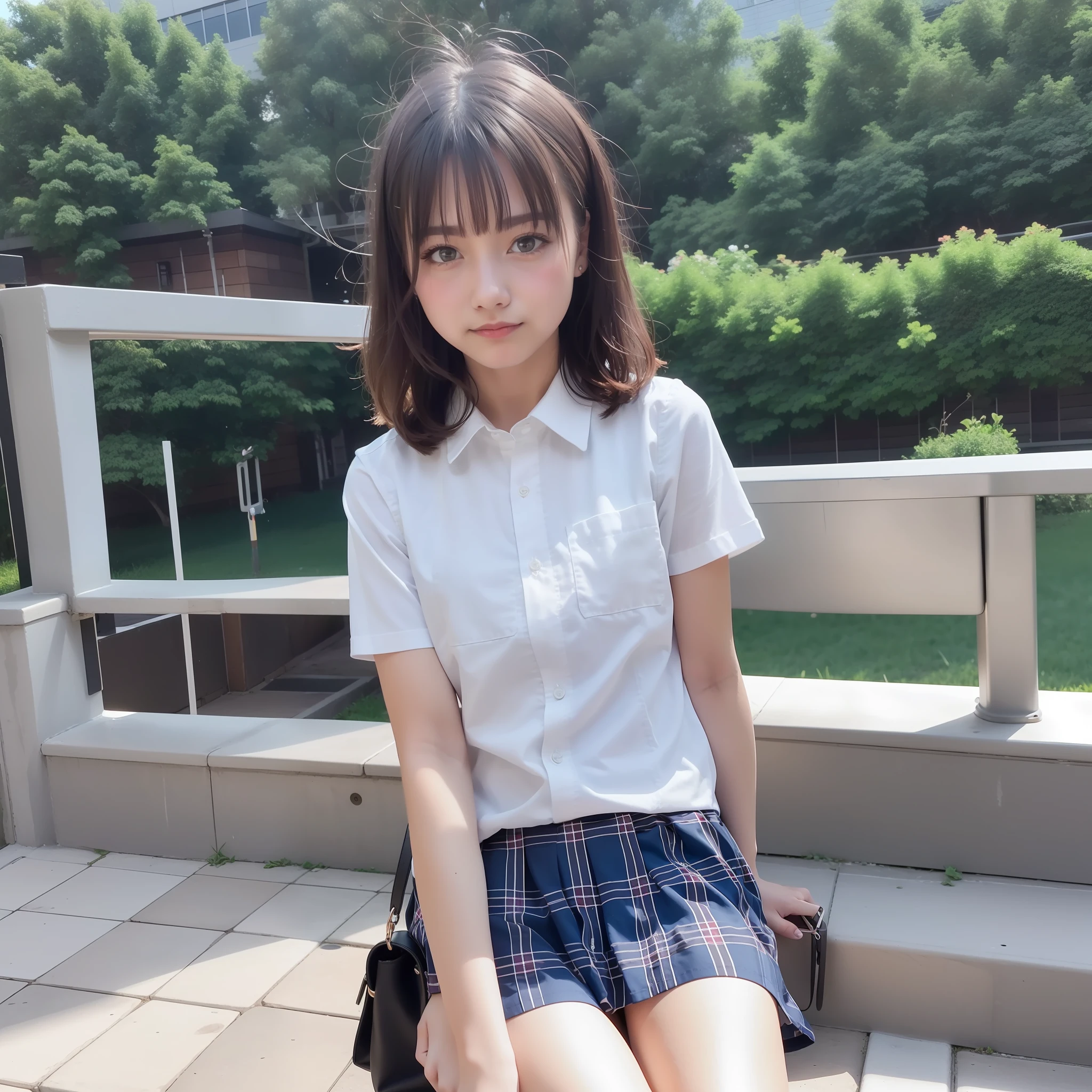 detaileds,8k, detailed shadow, looking at the viewers, white shirt, shortsleeves, Plaid, skirt by the, Plaid skirt, hand bag, blured background ,(masterpiece,top-quality), ,(arms_behind_back), black eyes, cute expression,Seated Pose