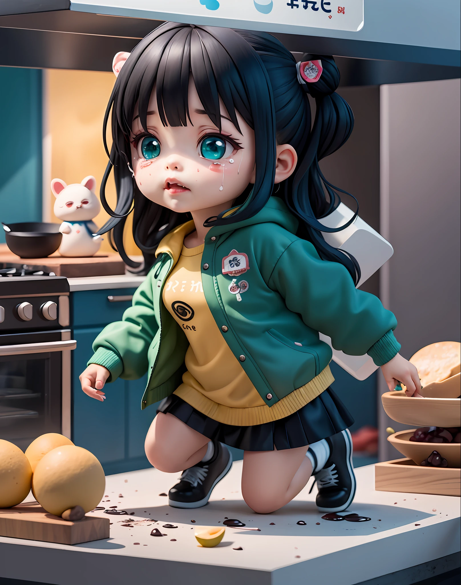 1 girl,chibi,cooking in the kitchen, restaurant theme, food spilling and falling and slipping on face and body, sad face and crying face, green jacket, long short blue, black shoes, black hair, black hair, love cheek face tattoo,master piece