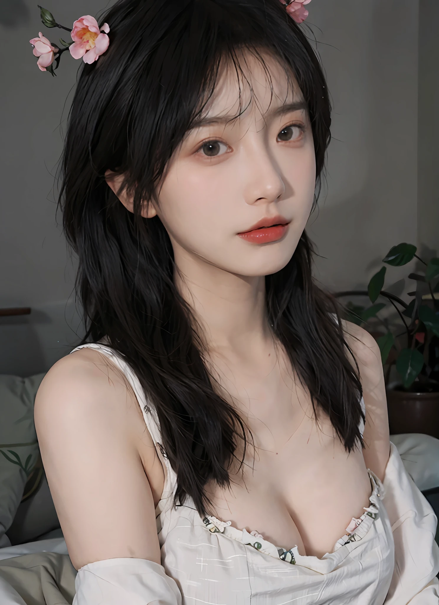 best qualtiy， 超高分辨率， （realisticlying：1.4）， one-girl， A pair of clear and moving peach blossom eyes,Royal sister，a sense of atmosphere，（Faded gray-gray hair：1）， （big cleavage breasts：1.3）， looking at viewert， closeup cleavage ，