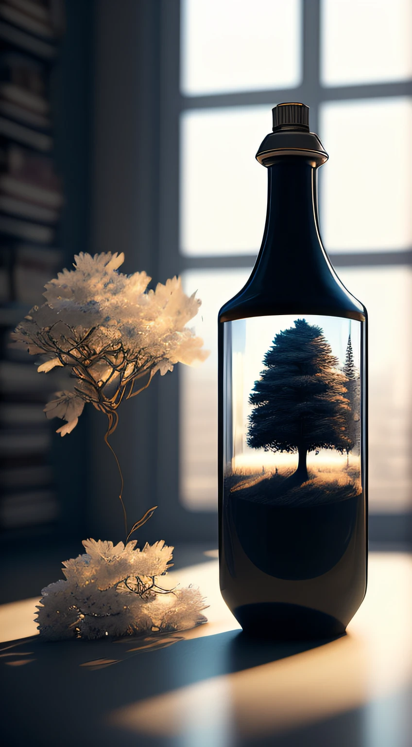 A dreamy tree of art in a bottle, fluffy, realistic, photographs, Canon, dreamy, artistic, brilliant leaves and branches, with flowers above my head. Greg Rutkowski's Ultra Detailed Photo Realism - H1024W 804 | F16 Lens Markers 2:2S 3555mm Film Particles: 1 Lifelike High Resolution Sharp Focus Contrast!! Intricate and detailed atmospheric refractive lighting of Unreal Engine 5 movie concept photography masterpiece Octane renders trends on CGSociety