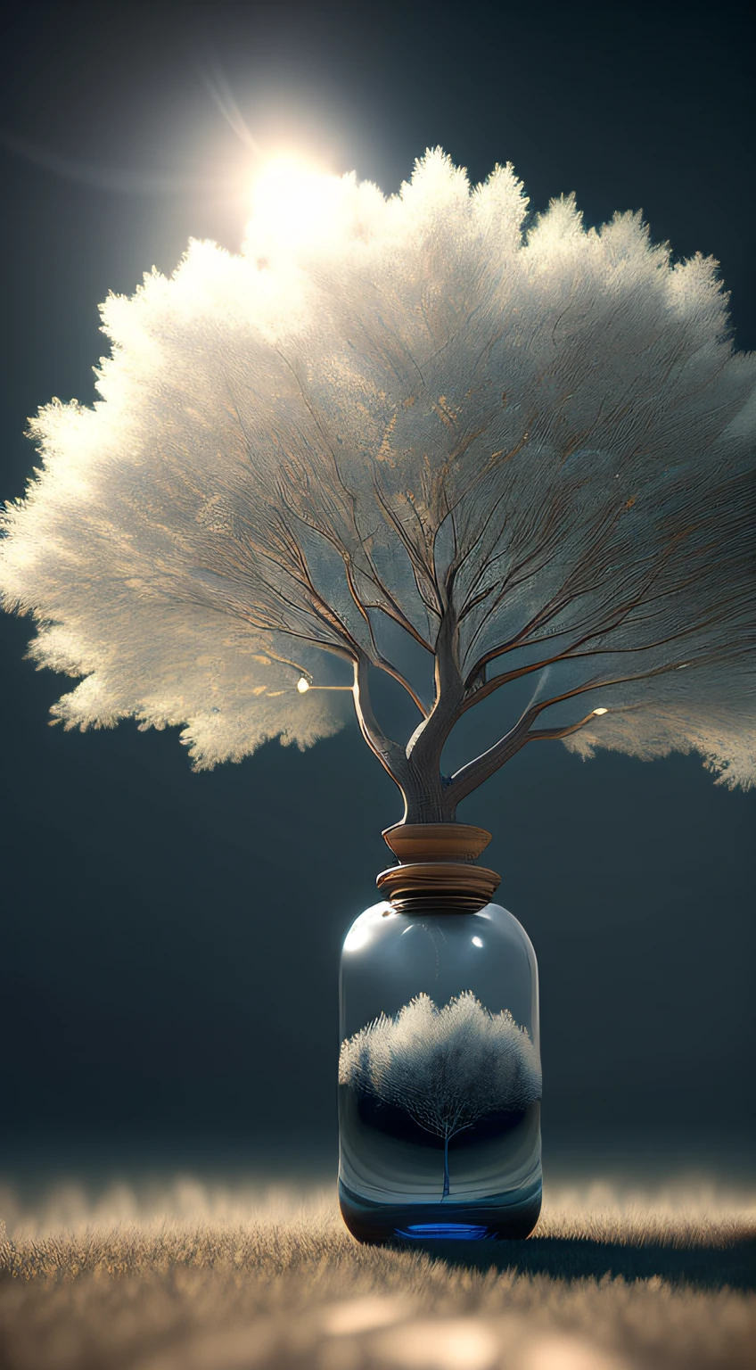 A dreamy tree of art in a bottle, fluffy, realistic, photographs, Canon, dreamy, artistic, brilliant leaves and branches, with flowers above my head. Greg Rutkowski's Ultra Detailed Photo Realism - H1024W 804 | F16 Lens Markers 2:2S 3555mm Film Particles: 1 Lifelike High Resolution Sharp Focus Contrast!! Intricate and detailed atmospheric refractive lighting of Unreal Engine 5 movie concept photography masterpiece Octane renders trends on CGSociety