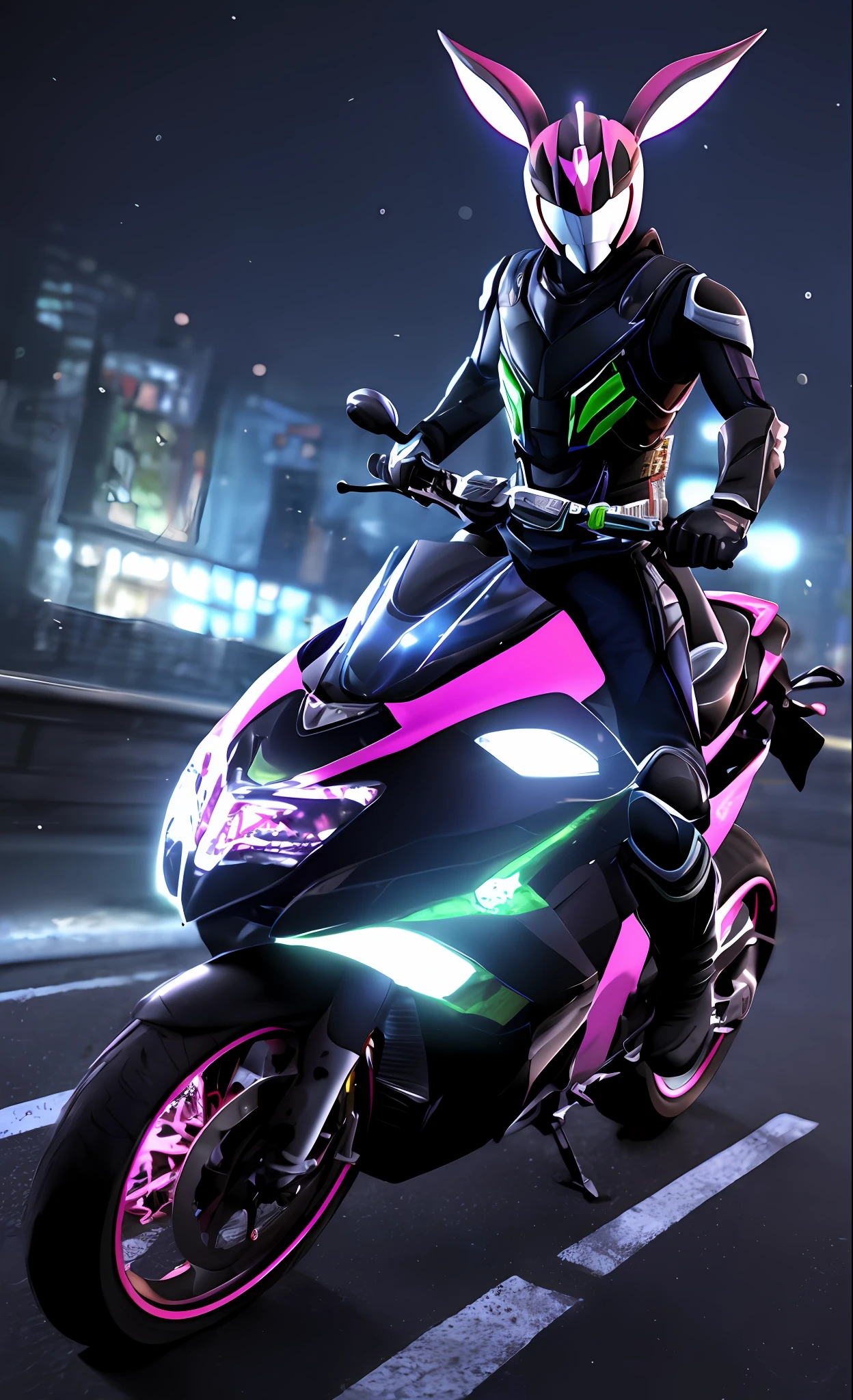 A highly detailed「Kamen Rider in the shape of a rabbit」3D rendering of a|cyborgs]Pink cybernetics and pink armor、nffsw、8K、Sub-surface scattering、Specular Light、Hi-Res、octane renderings、Ray traching、Pink rabbit ears、Mobilesuit、Ride Harachari、natta