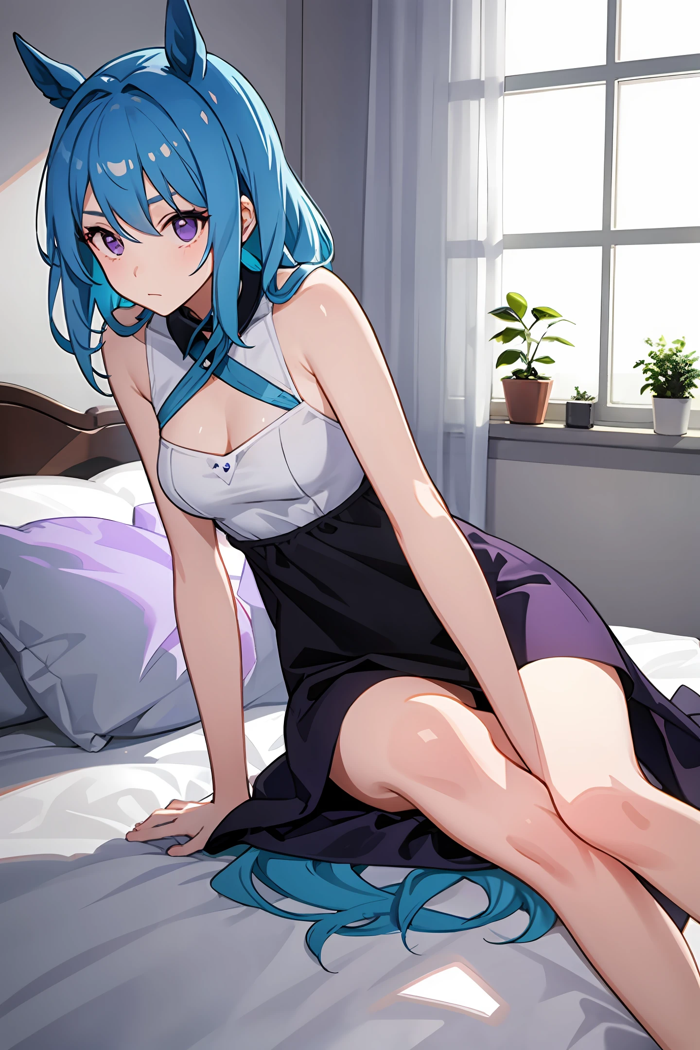 A girl,quadratic element,blue hair,dual horsetail,Lie down in bed,Purple eye,Legs open,no clothe,Bigchest