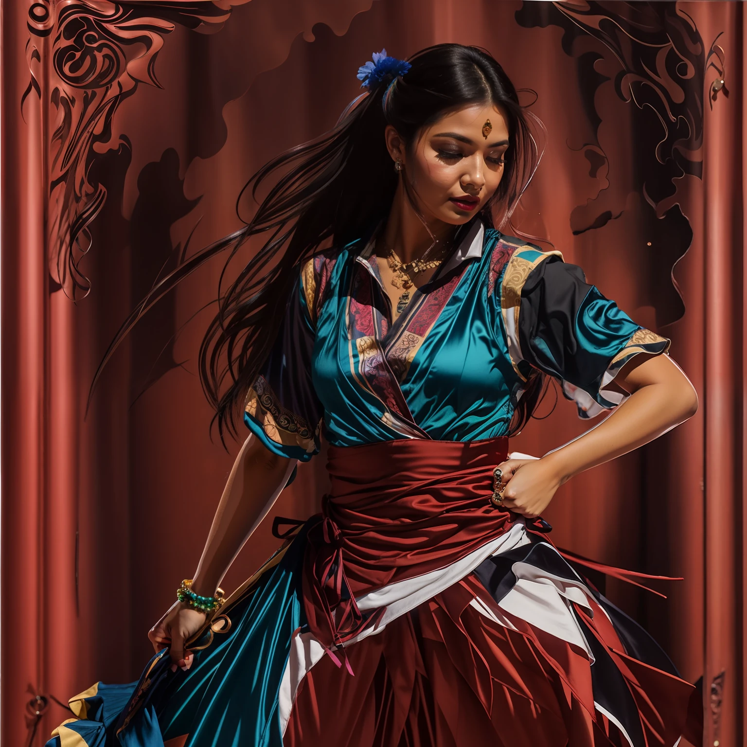 Mulher mexicana, cabelos compridos amarrados com uma rosa, in dance pose, segurando um leque, blusa azul, saia marrom, uma faixa vermelha na cintura, Old West bar lounge environment, detalhes intrincados, highes definition