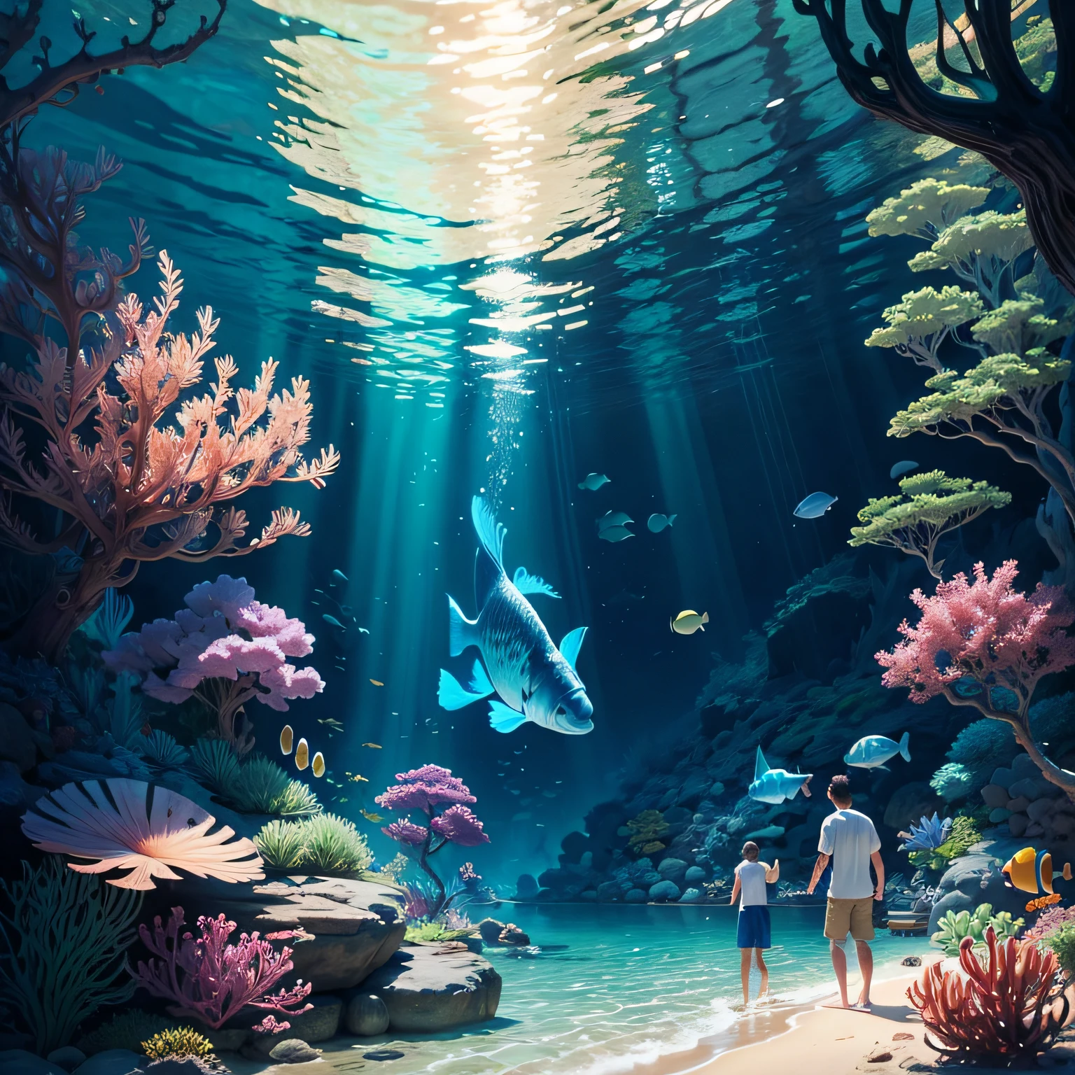 Men and children snorkeling,There are many tropical fish and a glowing tree in the water --auto
