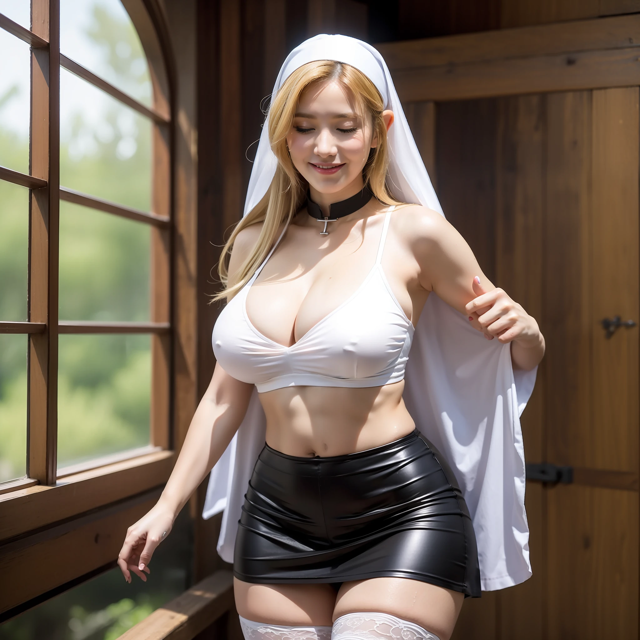 Standing, big breasts, busty, pretty face, thick body, blonde hair, half-closed eyes, smile, exposed armpits, masterpiece, super mass, 4k quality, high detail, elf mother, black nun bandana, lace skirt, cleavage, white tights, sweaty, wet clothes, sheer, lower abdomen succubus, add_detail:1.5, huge big breasts,