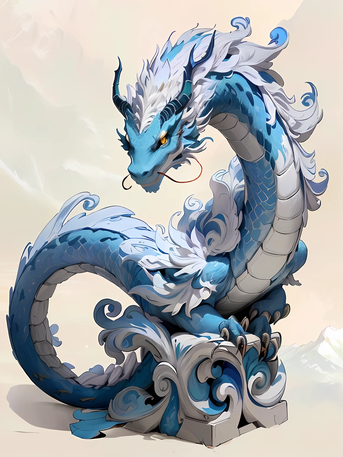 A dragon, colorful, mountain peaks, waterfalls, white clouds, masterpiece,best quality,extremely detailed,fine details,official art,unity 8k wallpaper,4K,8K,UHD, highly detailed,blurry,blurry_background, blurry_foreground,depth_of_field,motion_blur,(realistic,photo-realistic:1),extremely detailed, filmg, --auto