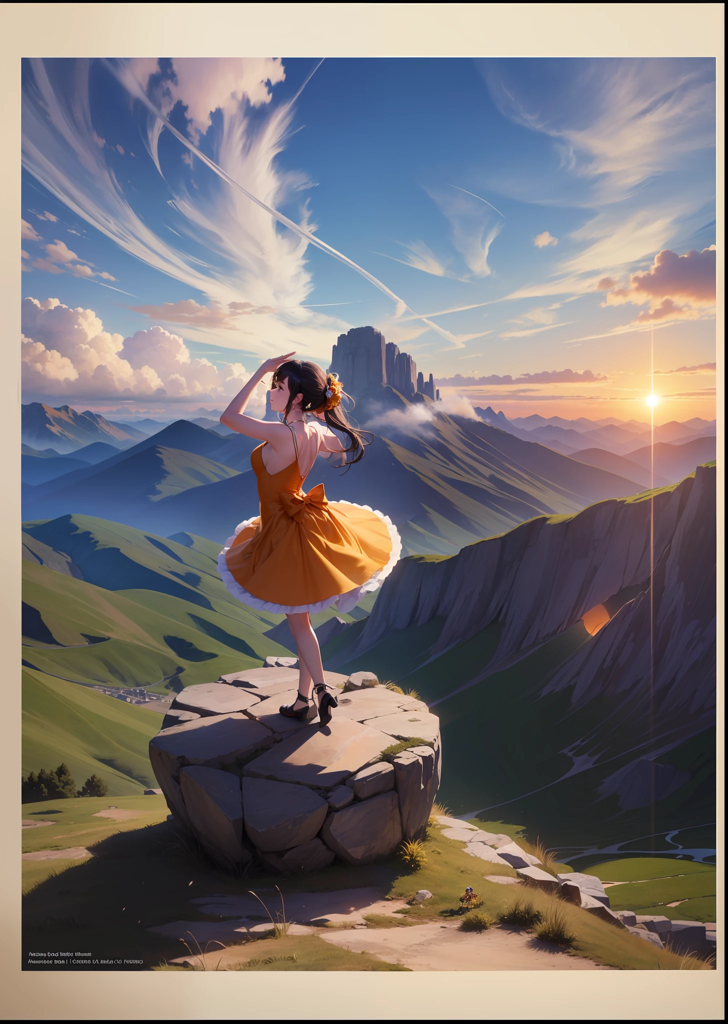 Robot ha manoide muy intrincado de hecha totalmente de oro. vestido con un tutu rosa. Dancing on top of a mountain watching an orange sunset