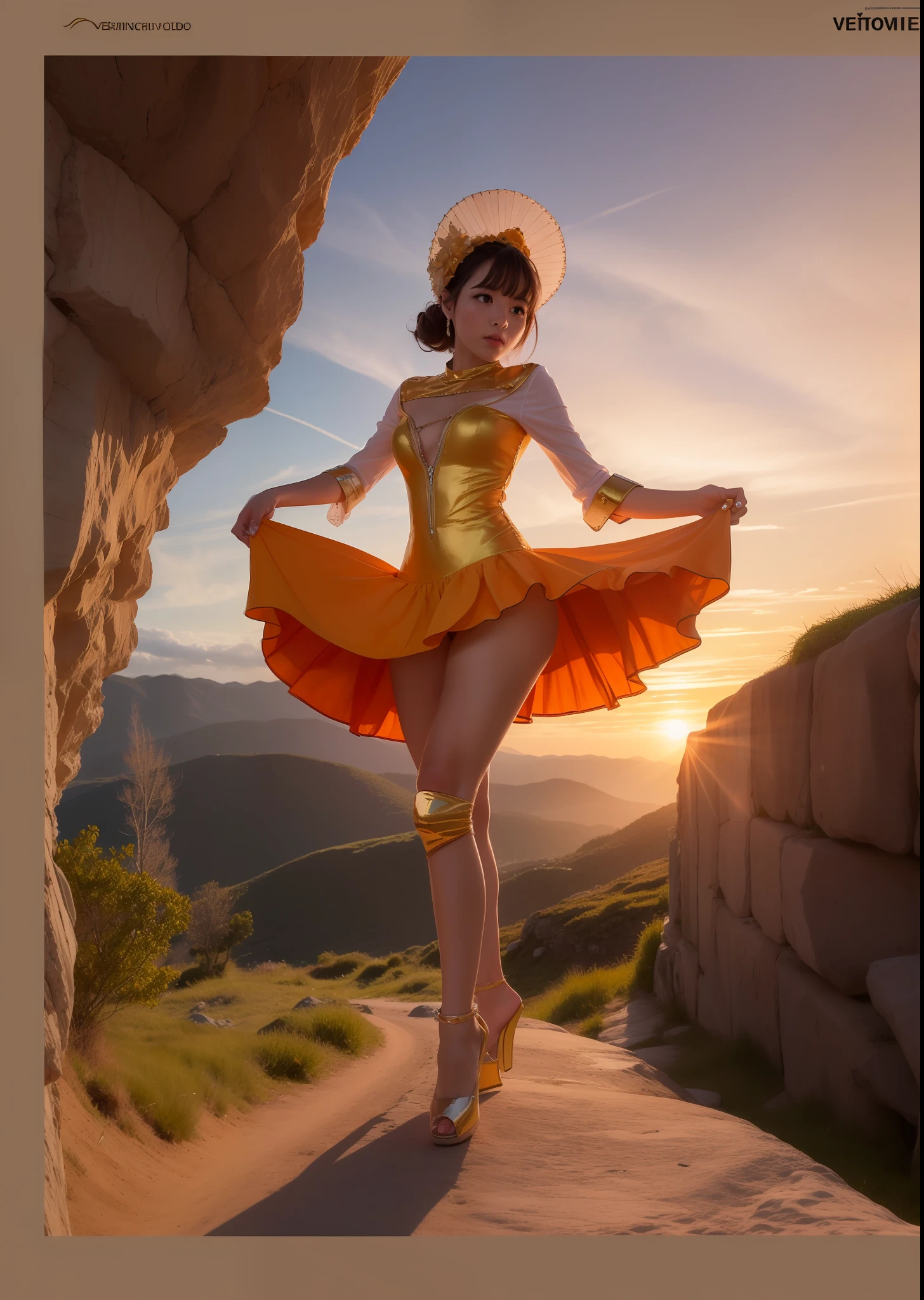 Robot ha manoide muy intrincado de hecha totalmente de oro. vestido con un tutu rosa. Dancing on top of a mountain watching an orange sunset