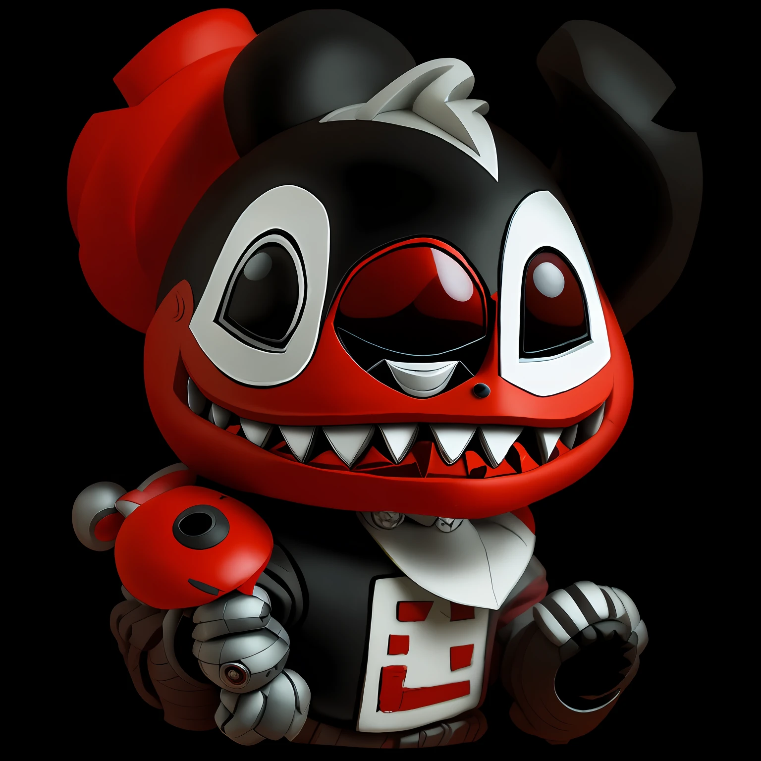 Red and silver and black cartoon character statues with, Cute Core Joker Core, airbrush painted, claymation character, Chuck S..... Cheese head, sherek head design as a bottle, handpainted, painted action figure, handpainted, added detail, a full-color airbrushed, ooak, as a clay character --auto