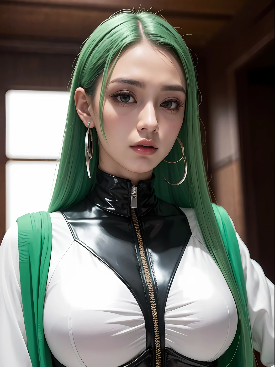 foto premiada da cintura para cima, foto ambiental grande angular de ciborgue em sala limpa e limpa, Trajes cyberpunk, pele de porcelana rachada, mulher ruiva com corpo robusto, olhos verdes, Closeup, Vibrando, fotorrealista, realista, Dramatic, Escuro, foco nítido, 8k