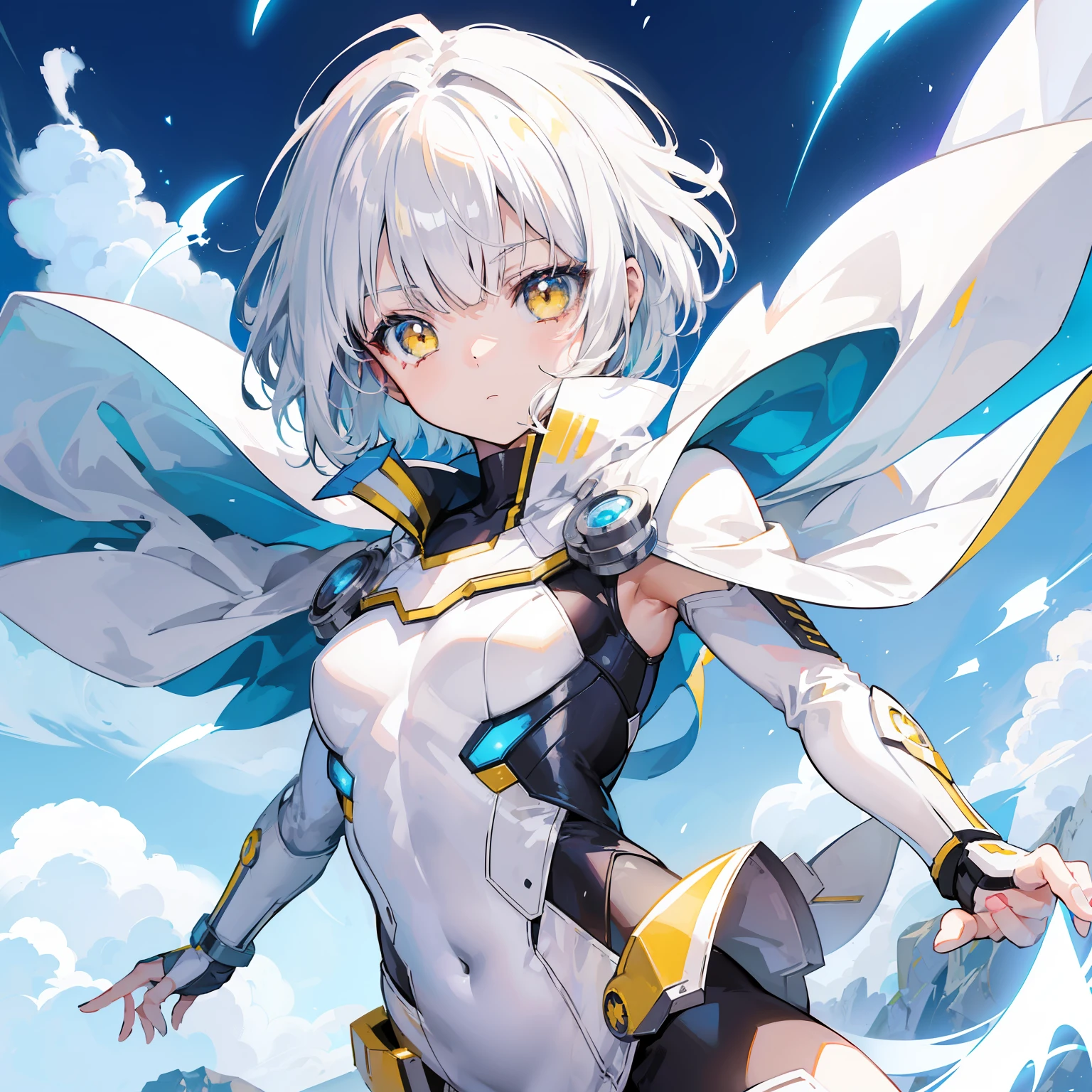 solo, (superhero), (((anime girl with short white hair in a futuristic suit with cape flying through the air))), (yellow eyes), (blunted bangs), ((flat chest)), ((neutral expression)), air powers, wind rushing around body, blue sky in background