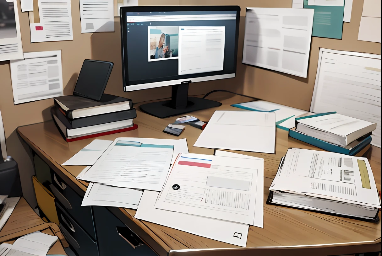 A stack of documents on the table,There is a photo of a computer monitor royalty on it, Piles of paperwork, documents on desk, carton ; Mess, office backdrop, on desk, highly detailed composition, On a table, high res photograph, stock image, Wooden table with books, Clean image, Cluttered, corner office background, beautiful high resolution, desk, Document photo,No watermark,